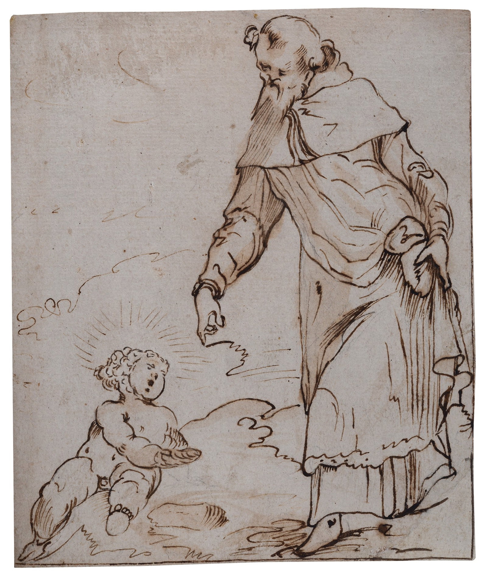 Anonimo, XVI - XVII sec. - Sant'Agostino e il bambino sulla spiaggia: Inchiostro su carta, cm. 17x14,5.