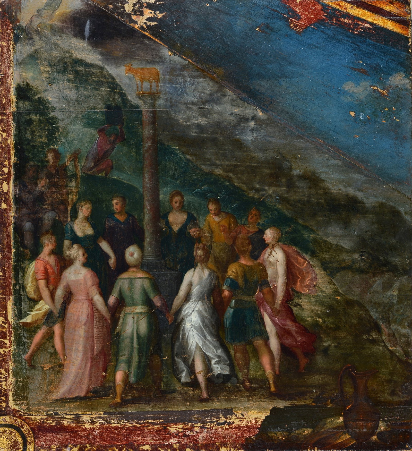 Scuola Fiamminga, XVI sec. - Adorazione del vitello d'oro: Olio su tavola, cm. 55x50.