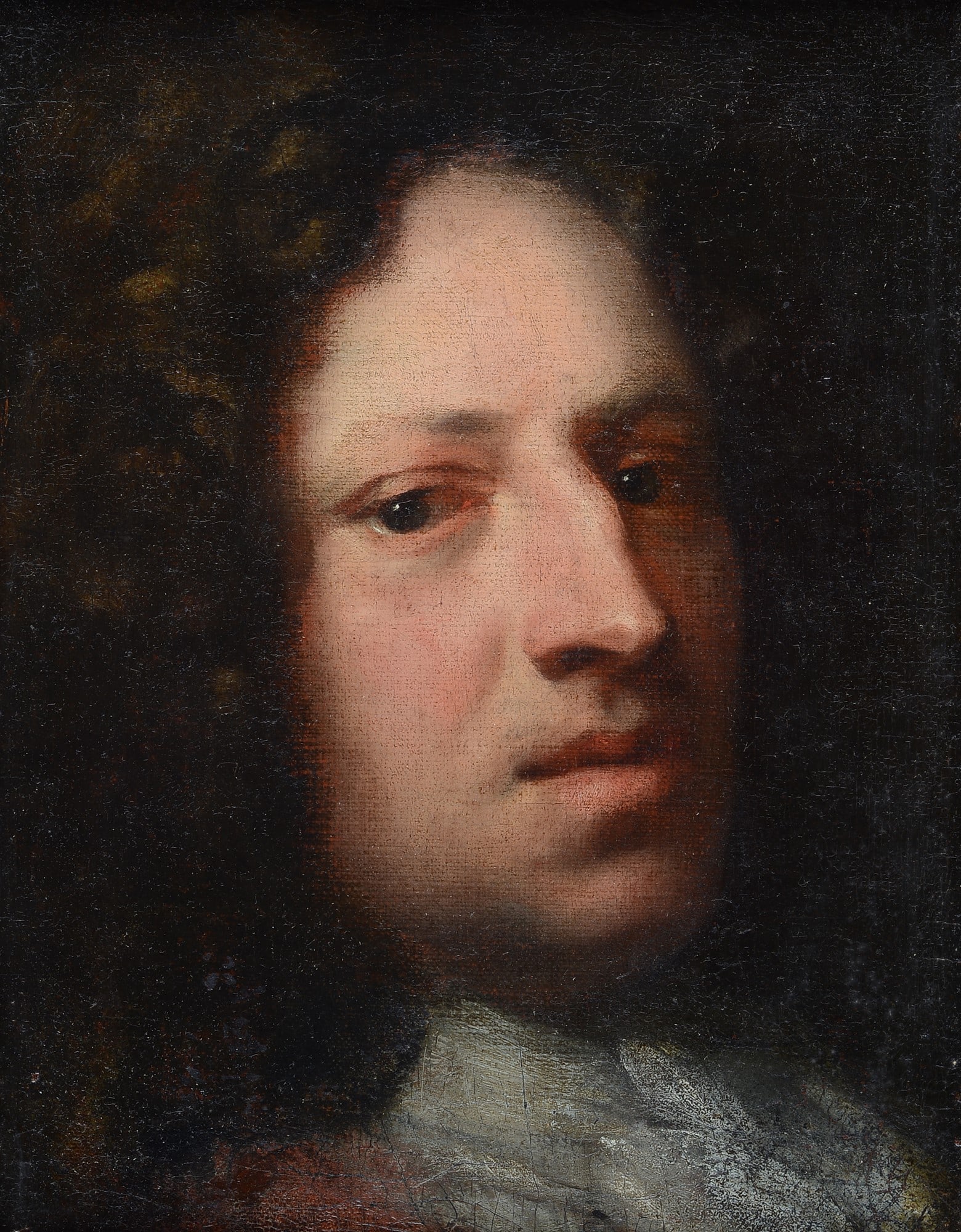 Scuola Francese, XVIII sec. - Ritratto di nobiluomo: Olio su tela, cm. 35x26,5. Sul verso: antica etichetta con indicazione dell'autore "Rigaud" (Hyacinthe Rigaud)