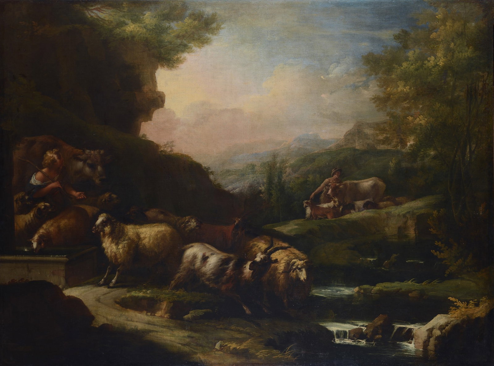 Cerchia di Domenico Brandi - Paesaggio con armenti: Olio su tela, cm. 150x202. Sul verso: etichetta Galleria Pesaro, Milano, con n. 50.?