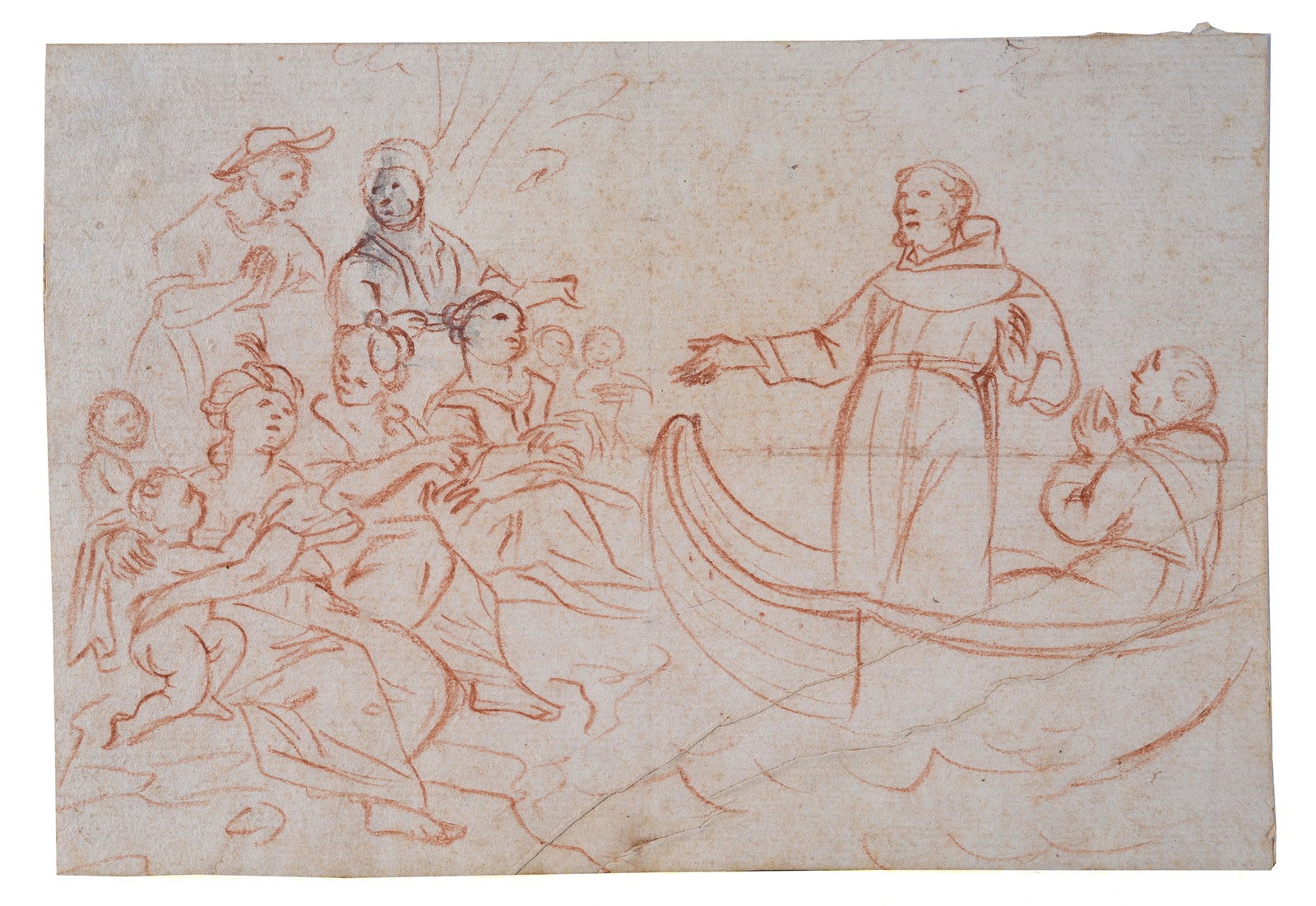 Scuola Napoletana, XVII-XVIII sec. - La predica di San Francesco dalla barca: Matita rossa su carta, cm. 17x24,5.