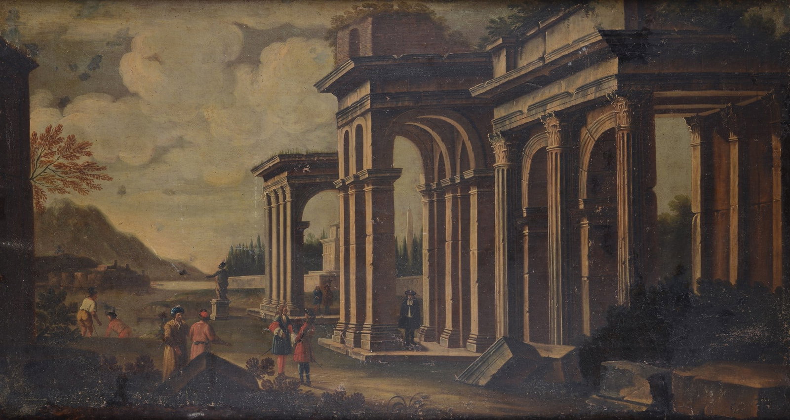 Scuola Italia Settentrionale, XVIII sec. - Architettura e figure: Olio su tela, cm. 74x134.