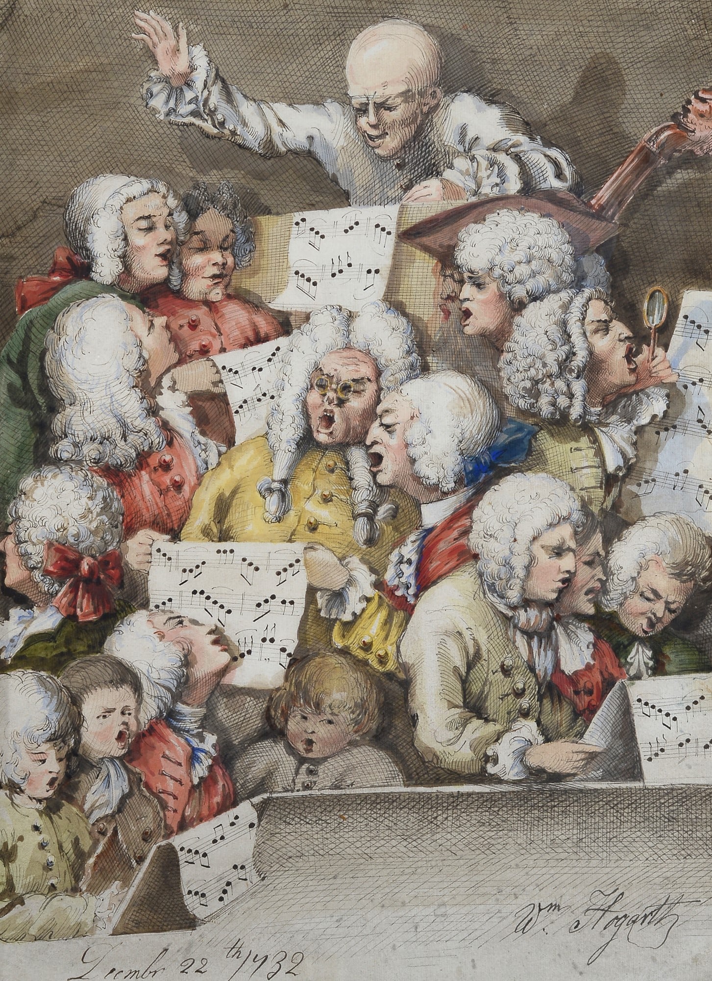 Attr. a William Hogarth (Londra , 1697 - Londra, 1764) - Il coro, 1732: Penna e inchiostro nero, acquerello colorato su carta, cm. 52,5x38,5. Firma in basso a destra; data in basso a sinistra. L'opera ? accompagnata da Attestato di libera circolazione.?
