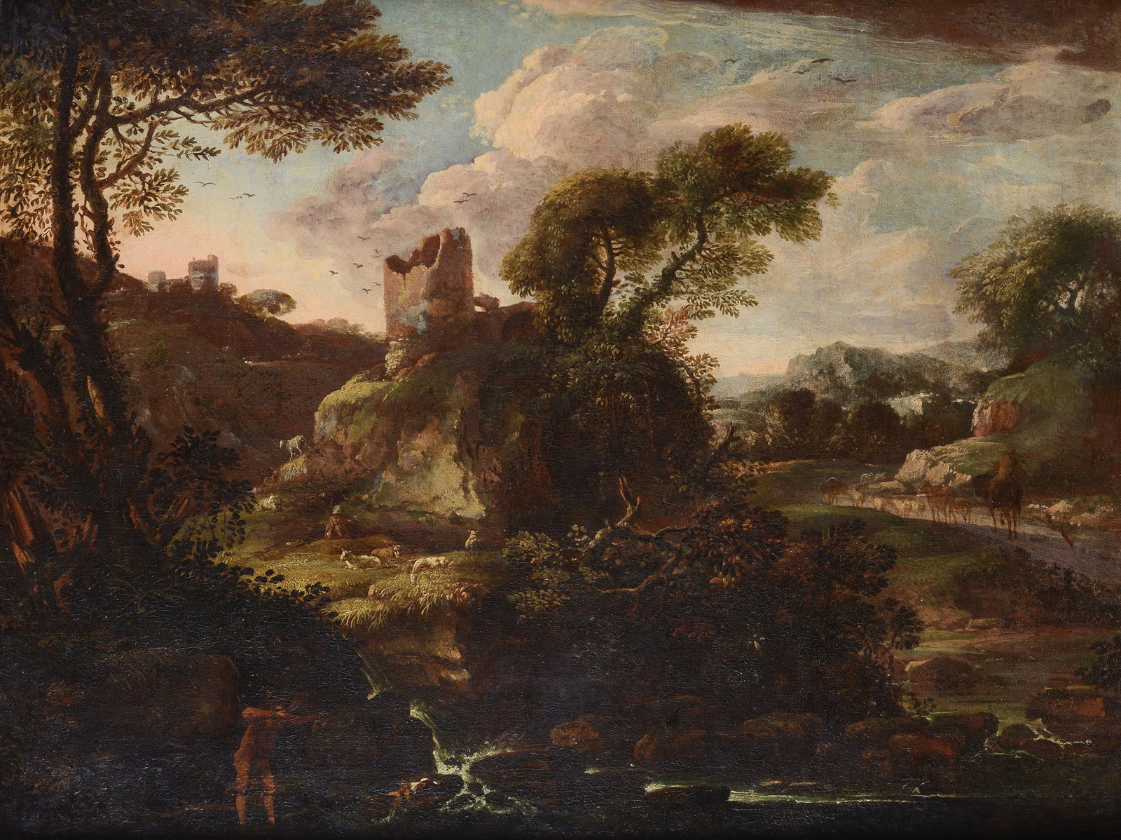 Scuola Italia Centrale, XVIII sec. - Paesaggio con torre e armenti: Olio su tela, cm. 76x99.