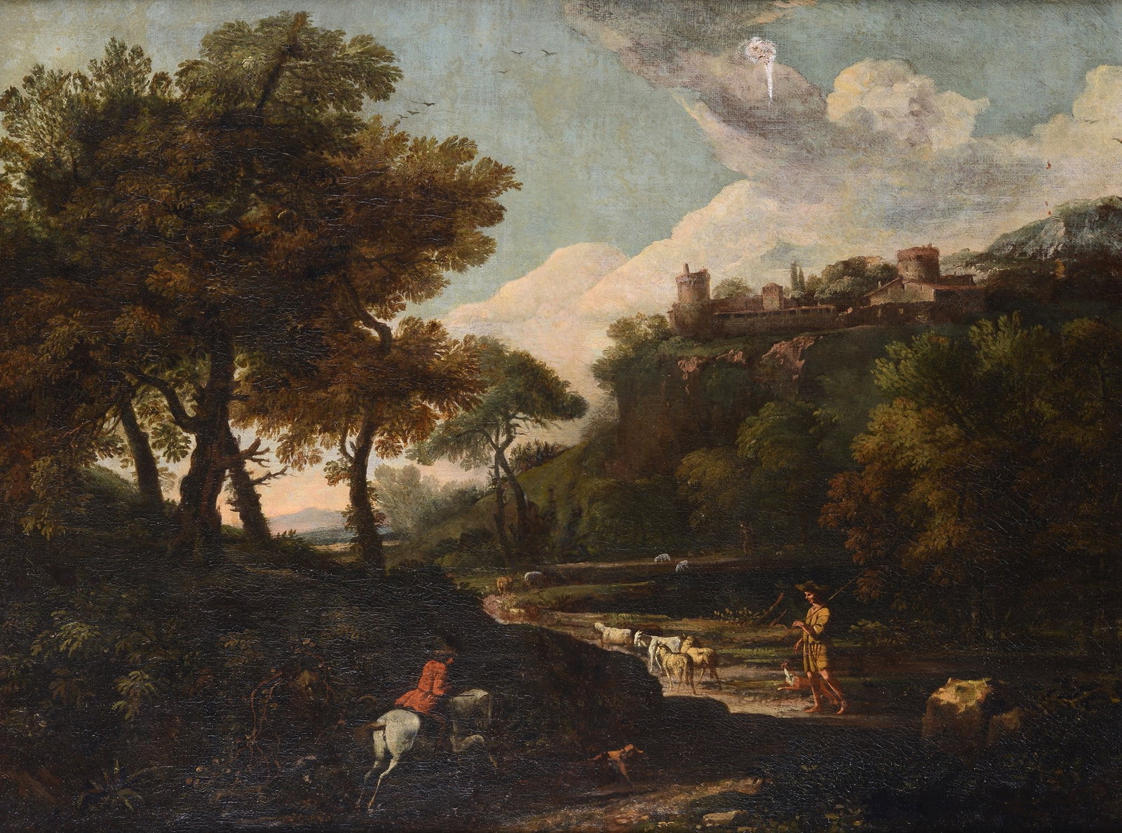Scuola Italia Centrale, XVIII sec. - Paesaggio con figura a cavallo e pastore: Olio su tela, cm. 75x98.