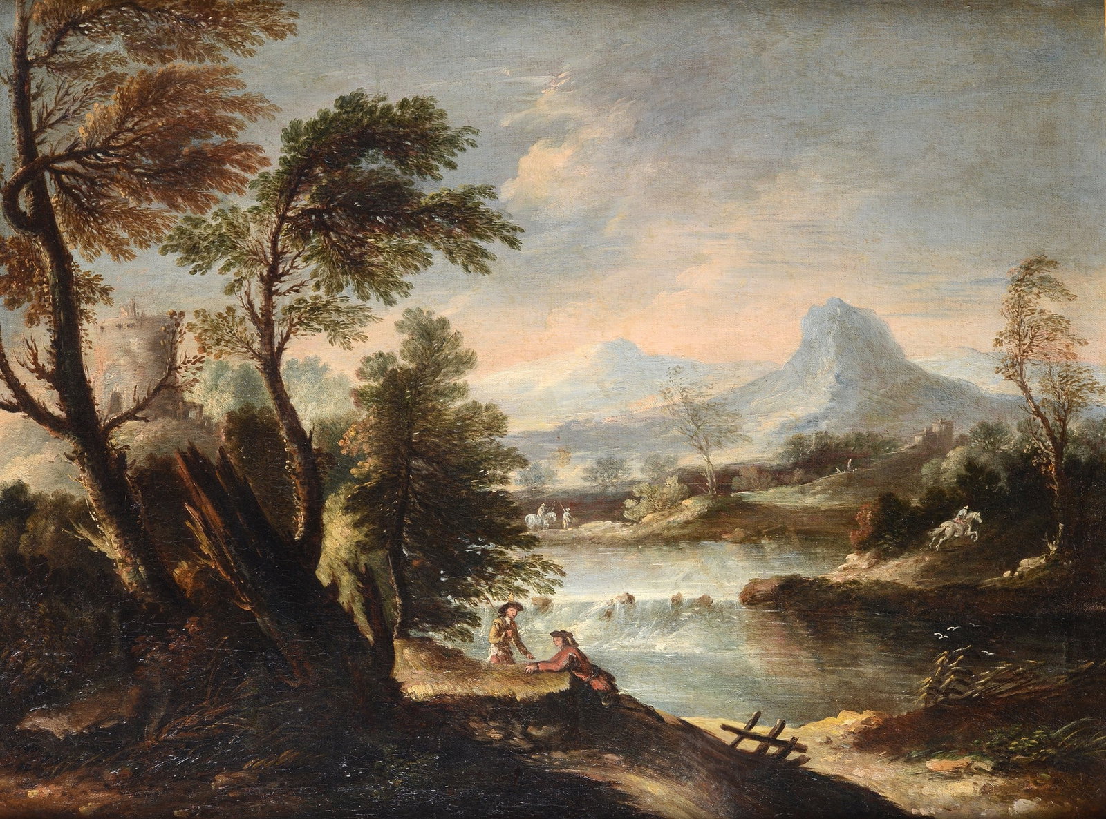 Scuola Italia Centrale, XVIII sec. - Paesaggio fluviale: Olio su tela, cm. 75x100.