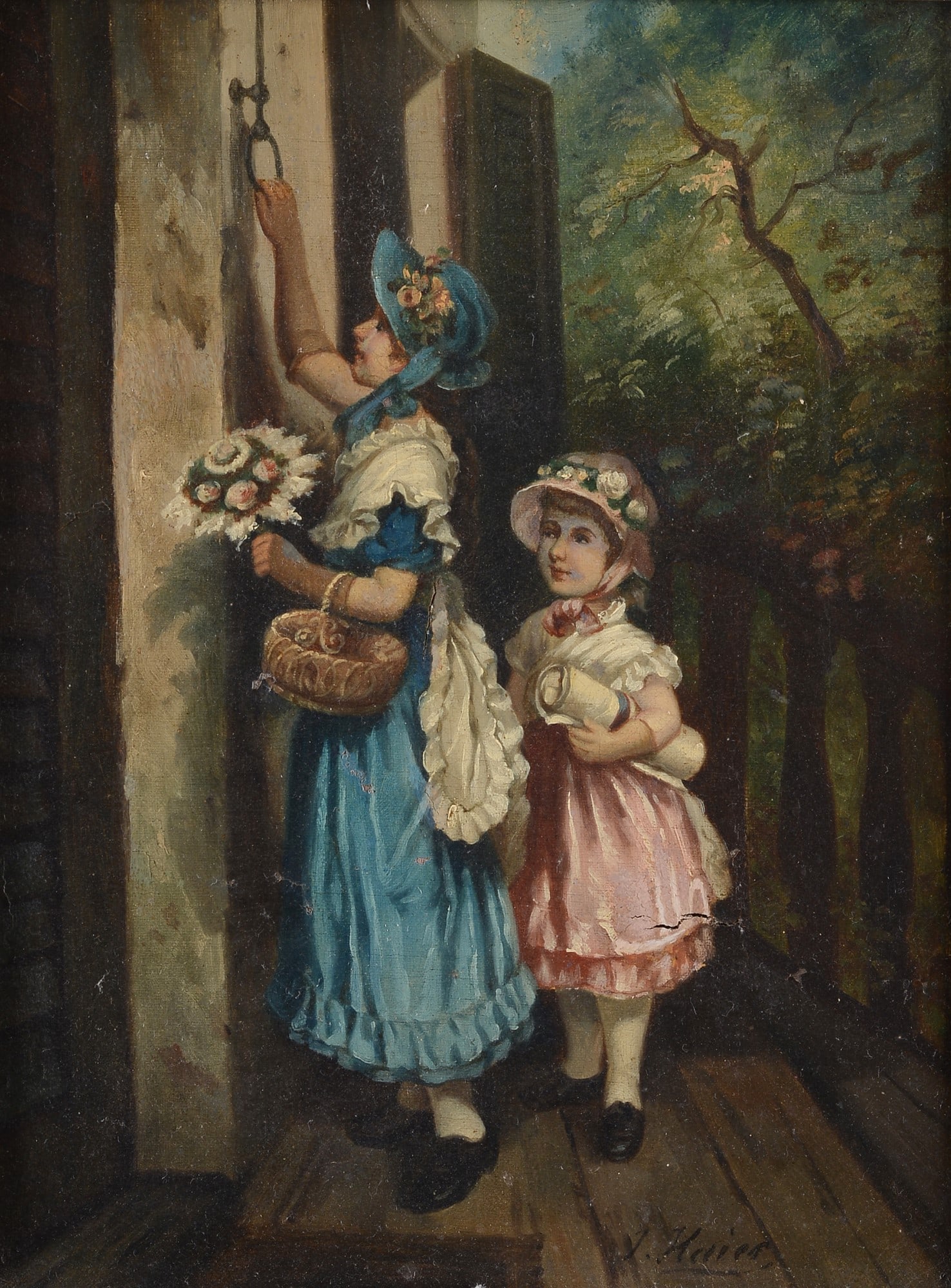 Joseph Haier (Vienna, 1816 - 1891) - Bambine che suonano il campanello: Olio su tela , cm. 32x24. Firma in basso a destra.?