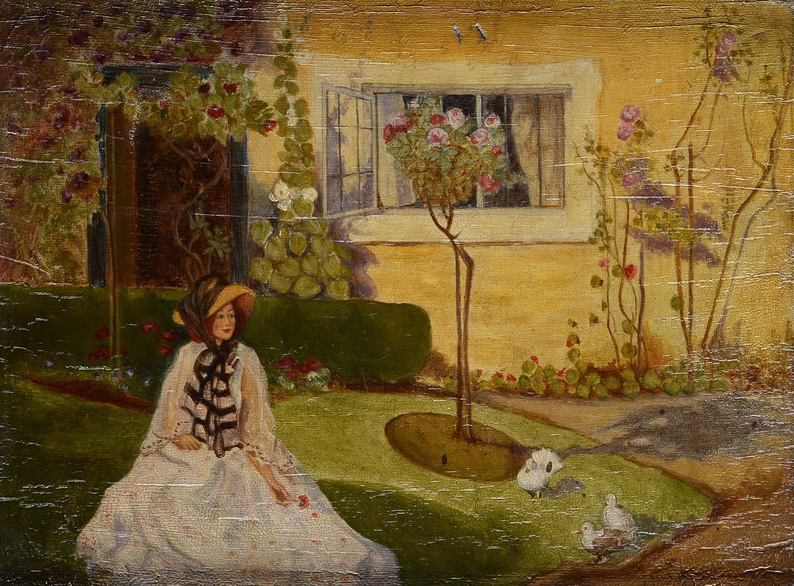 Scuola Francese, XIX - XX sec. - Donna in giardino: Olio su tela, cm. 24,5x33,5. Firma indistinta in basso a destra.