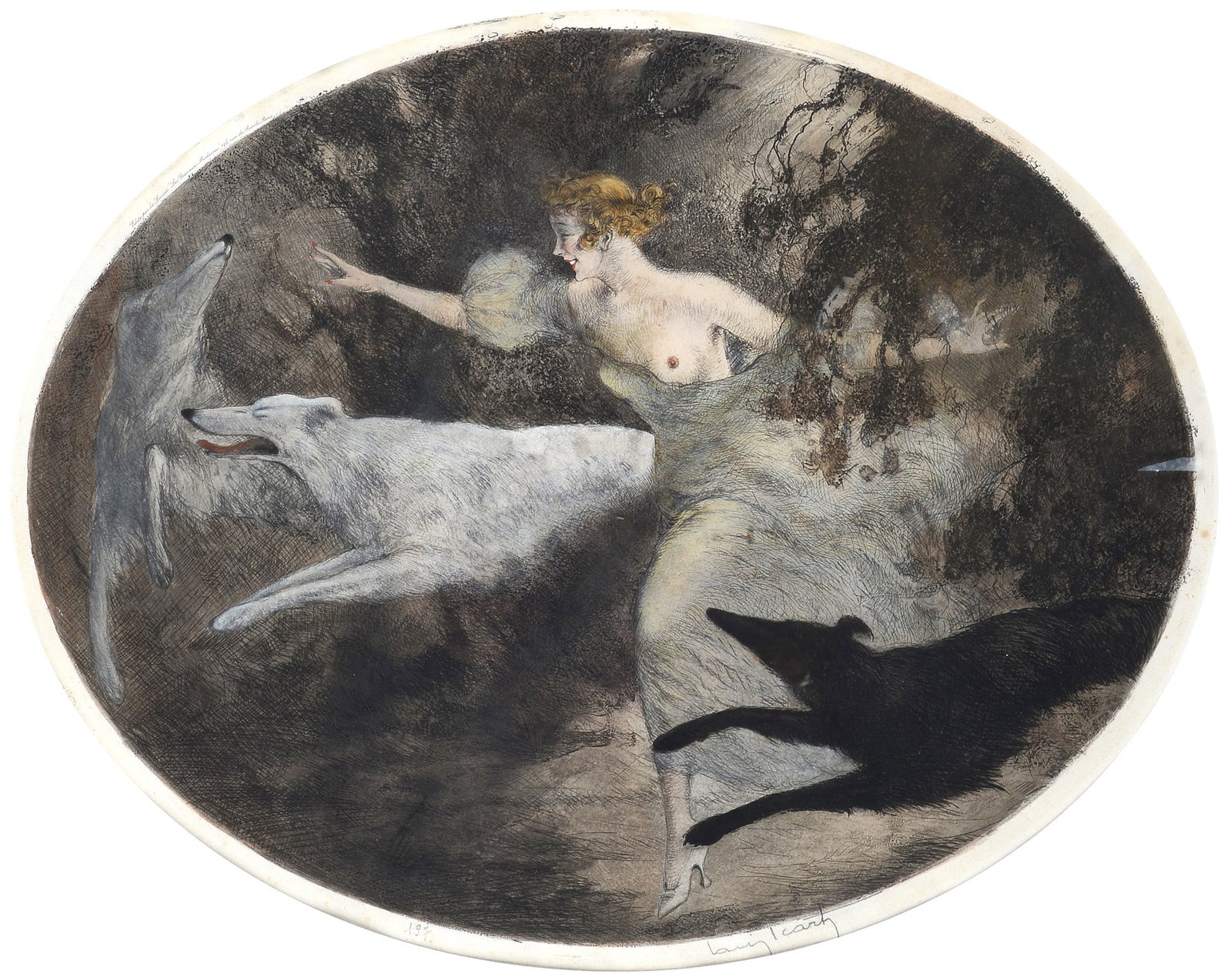 Louis Icart (Tolosa, 1880 - Parigi, 1950) - Donna con levrieri (1 of 3)