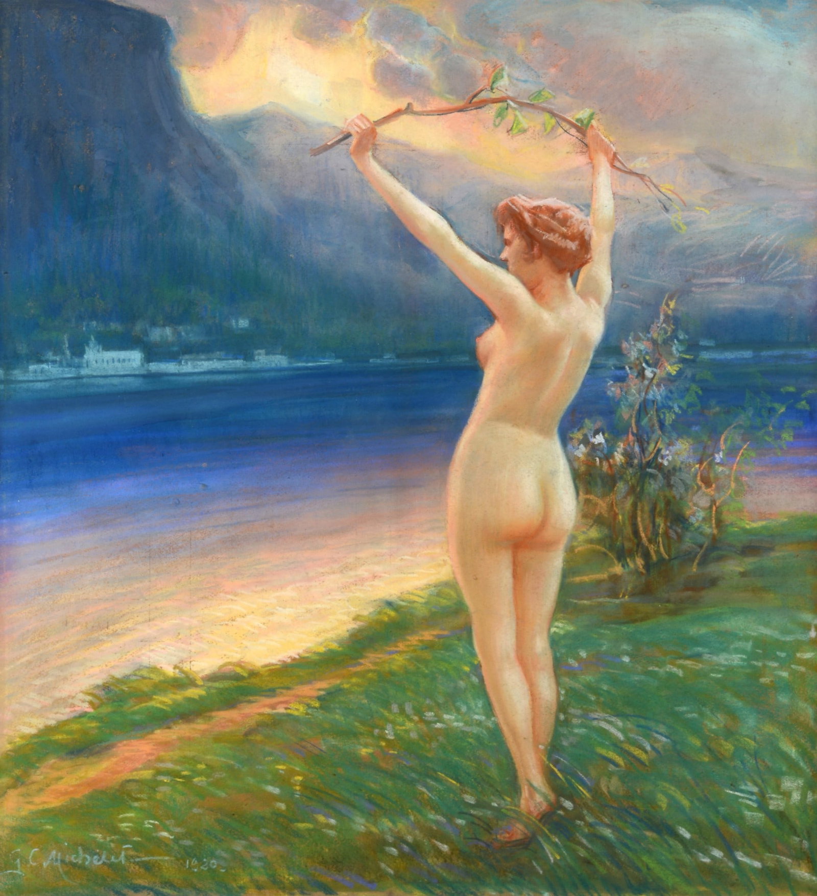 Georges Claude Michelet (1873 - 1946) - Nudo al tramonto con ramo, 1920: Pastelli su carta riportata su tela, cm. 91x85. Firma e data in basso a sinistra.