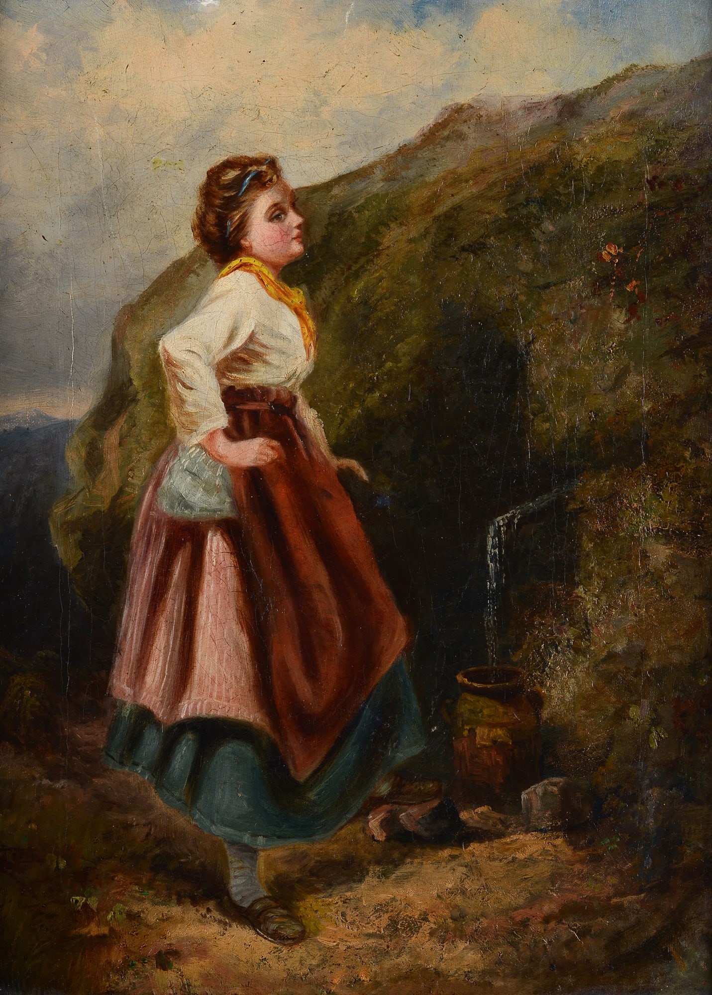 Anonimo, XIX sec. - Ragazza alla fonte: Olio su tela, cm. 40,5x31.