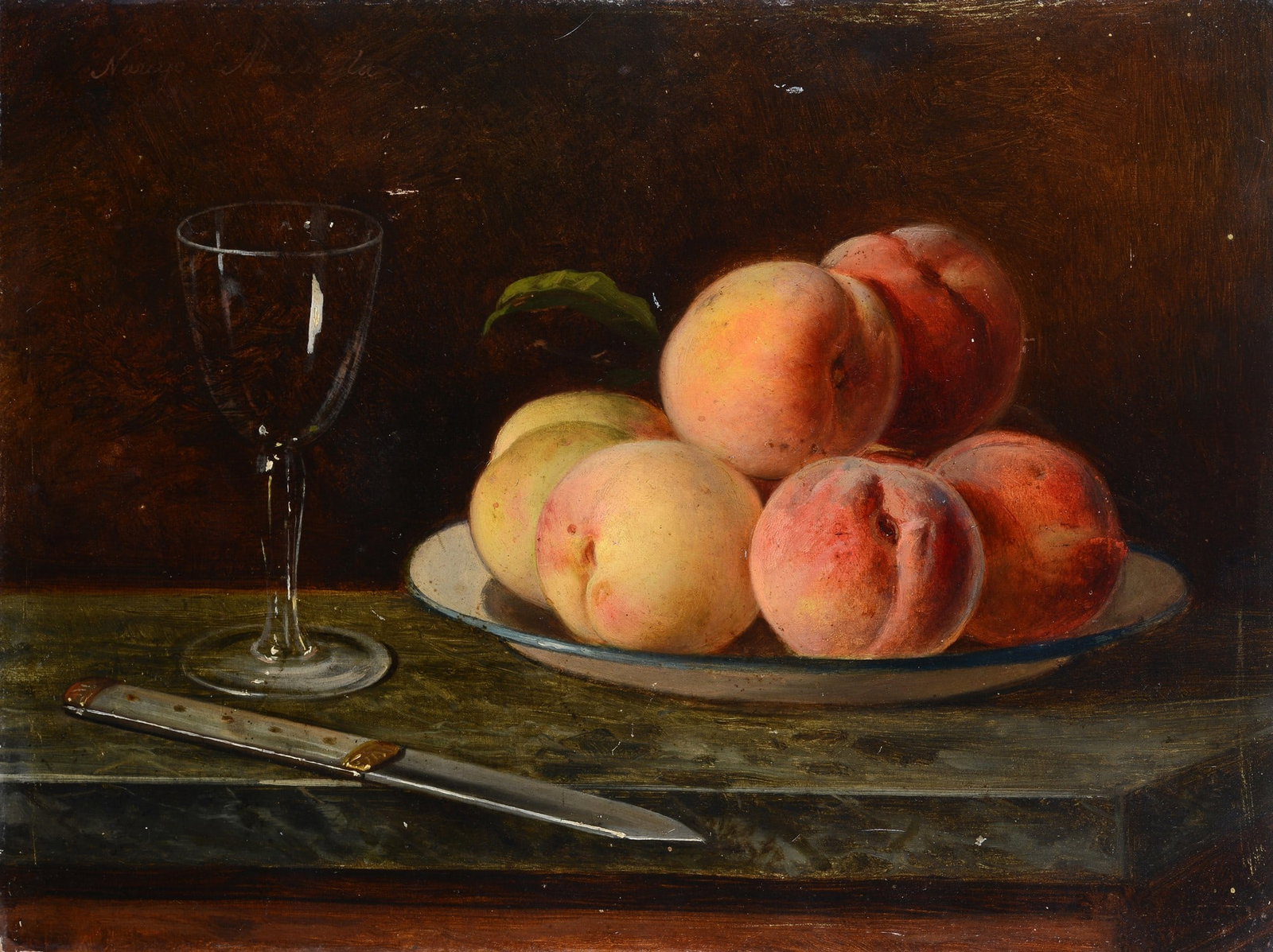 Anonimo, XIX sec. - Natura morta con pesche: Olio su cartone, cm. 32x42,5. Firma indistinta in alto a sinistra.