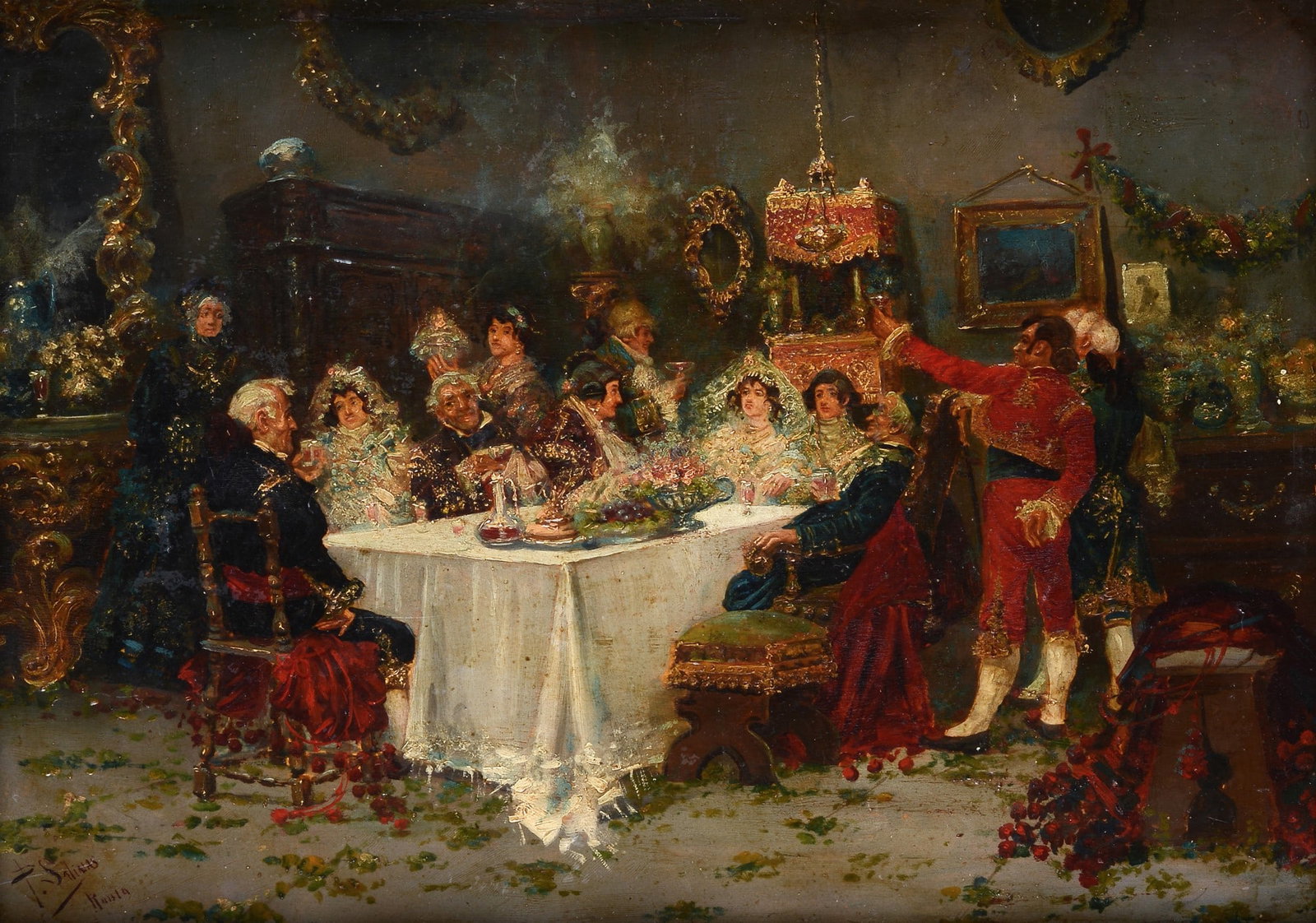 Juan Pablo Salinas Teruel (Spagna, 1871 - 1946) - Banchetto nunziale in Catalogna, 1898: Olio su tavola, cm. 28x41,5. Firma in basso a sinistra. Sul verso: titolo; indicazioni dell'autore e data.