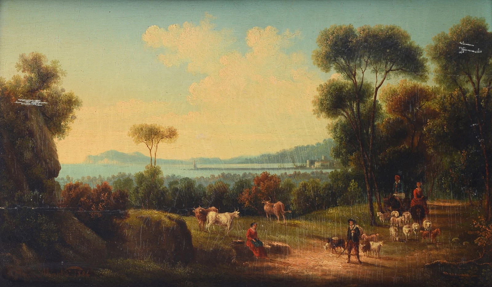 Andreas Marko' (Vienna, 1826 - Firenze, 1895) - Paesaggio con figure e armenti, 1884: Olio su tavola, cm. 24x38,5. Firma e data? in basso a sinistra.