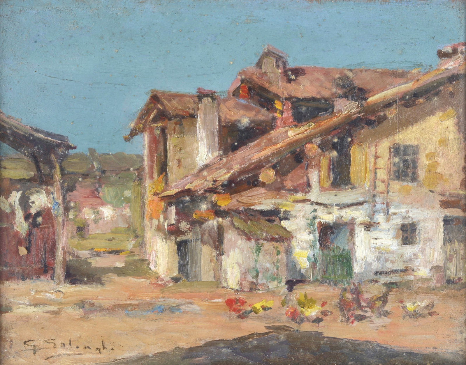 Giuseppe Solenghi (Milano, 1879 - Cernobbio, 1944) - Casolare di campagna (fronte e retro): Olio su tavola, cm. 27,5x35,5. Firma in basso a sinistra.