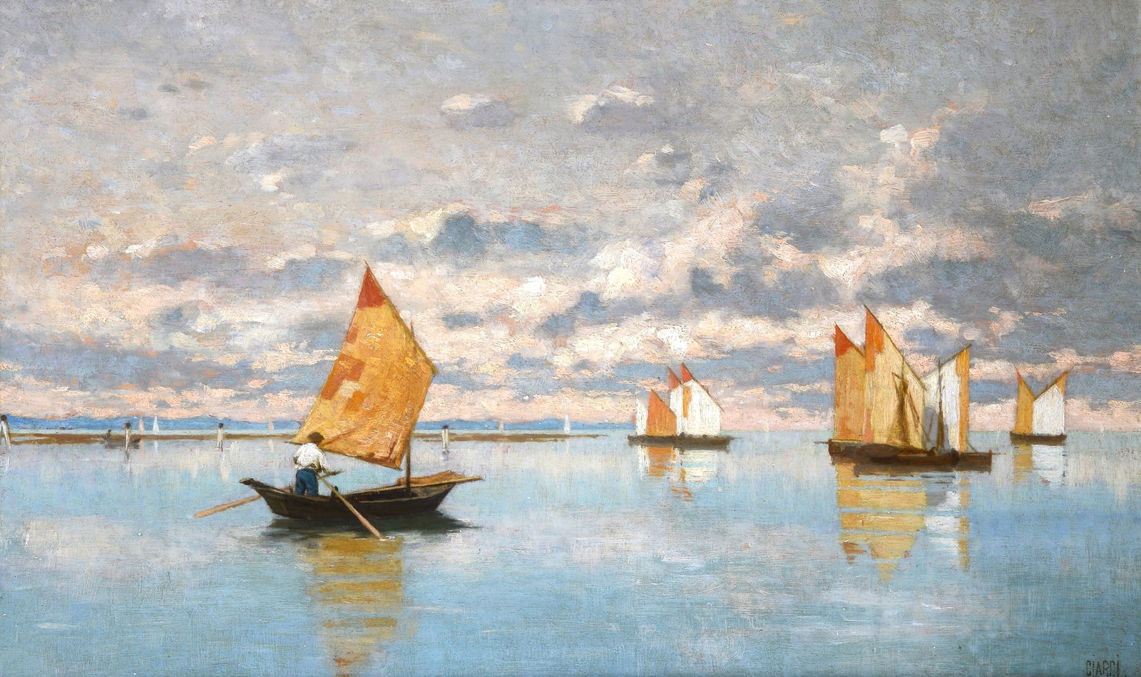Guglielmo Ciardi (Venezia, 1842 - 1917) - Barche in laguna: Olio su tavola, cm. 34,5x55. Firma in basso a destra. Sul verso: etichetta Giuseppe Biasutti, Venezia, Gennaio 1888.?