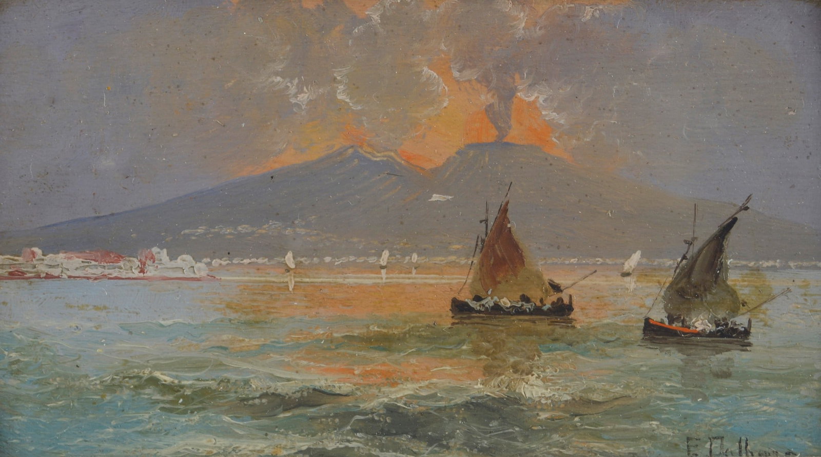 Eduardo Dalbono (Napoli, 1841 - Napoli, 1915) - Barche con Vesuvio sullo sfondo (1 of 3)