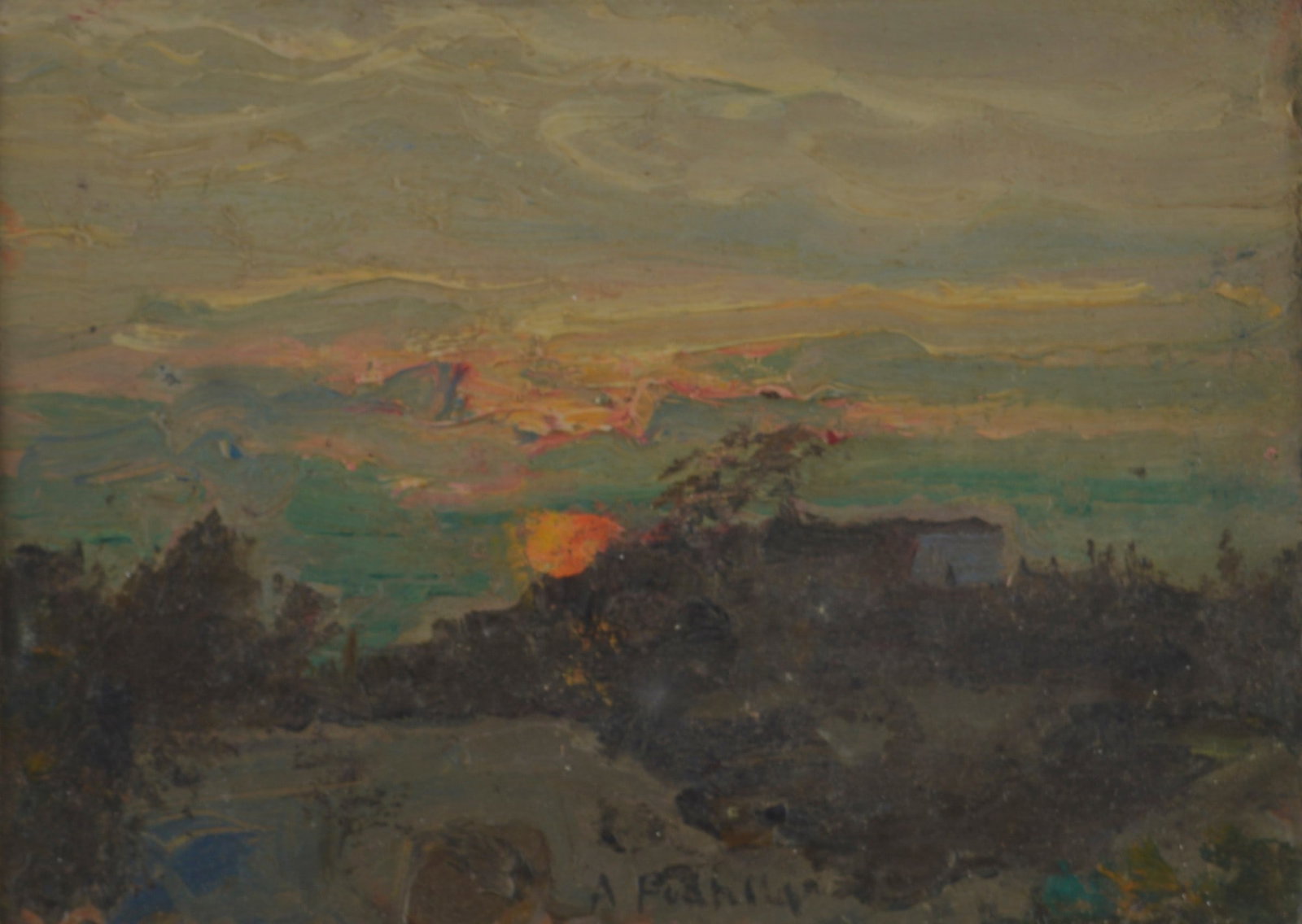 Attilio Pratella (Lugo di Romagna, 1856 - Napoli, 1949) - Paesaggio al tramonto (1 of 3)