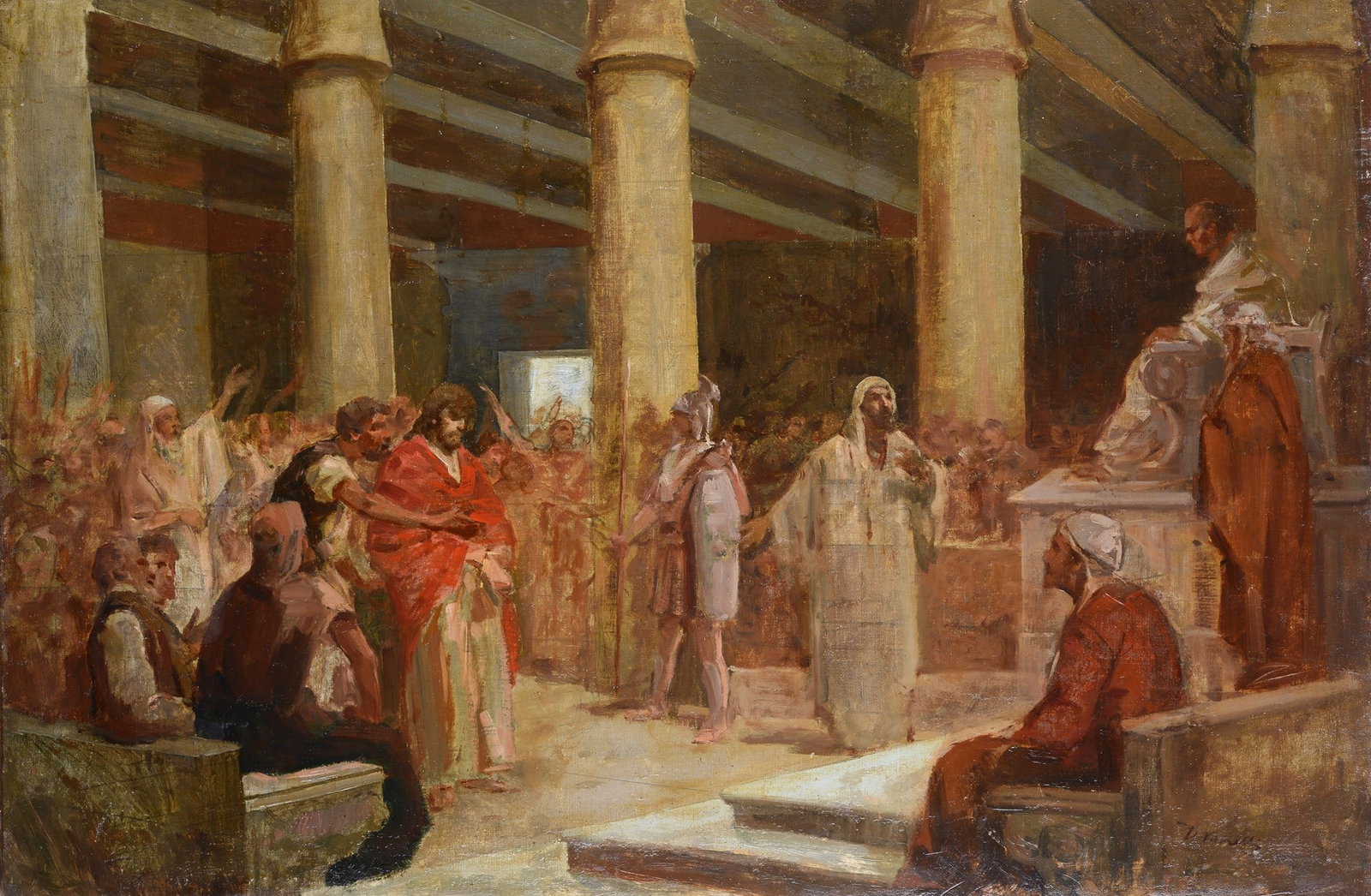 Domenico Morelli (Napoli, 1823 - 1901) - Cristo davanti a Ponzio Pilato: Olio su tela, cm. 51,5x76. Firma in basso a destra.