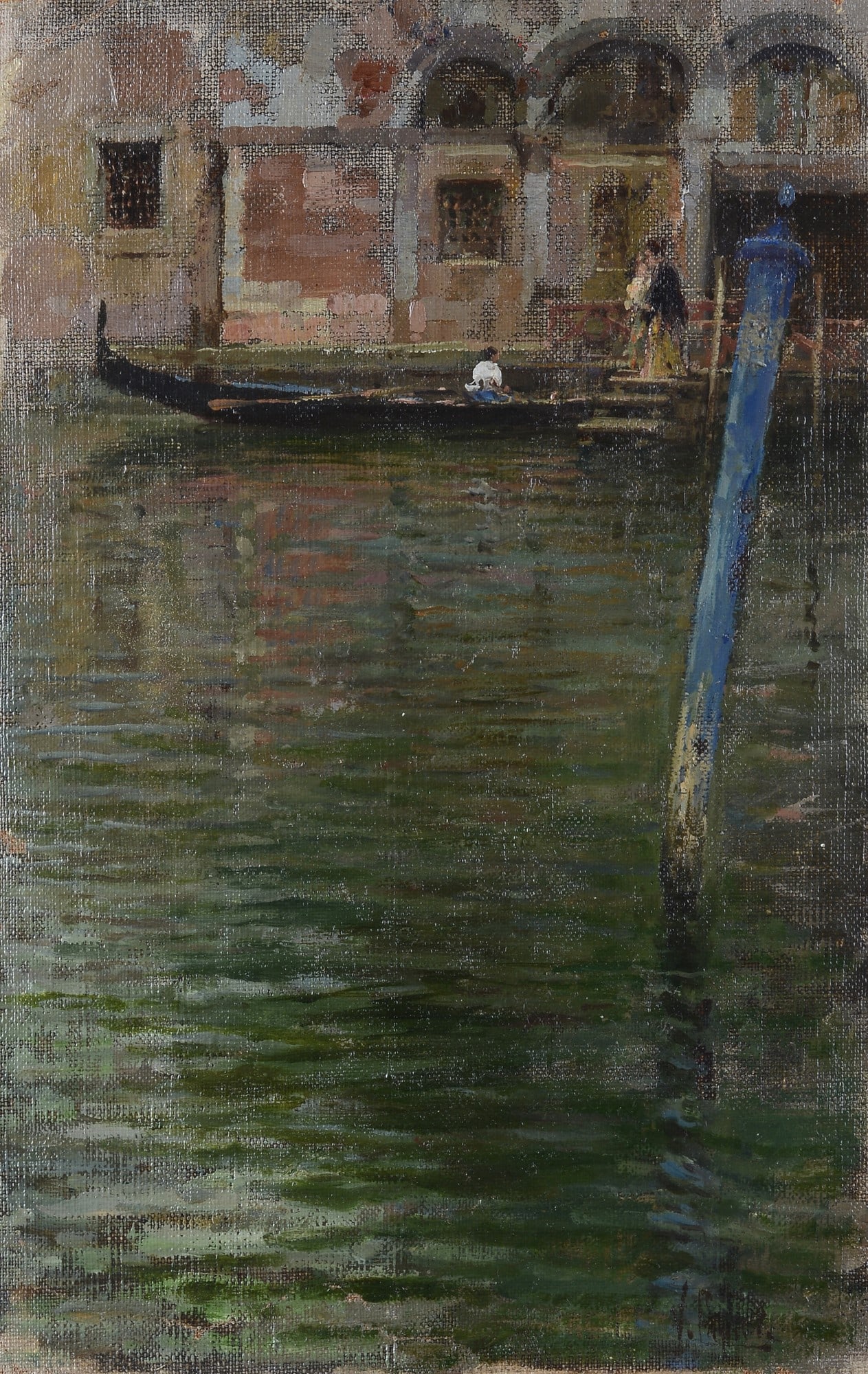 Vincenzo Caprile (Napoli, 1856 - 1936) - Canale a Venezia: Olio su tela riportata su cartone, cm. 28x18,5. Firma in basso a destra. Sul verso: timbro Archivio Baboni per la Pittura Italiana del XIX sec, per autenticit? con firma dell'architetto Andrea Baboni,