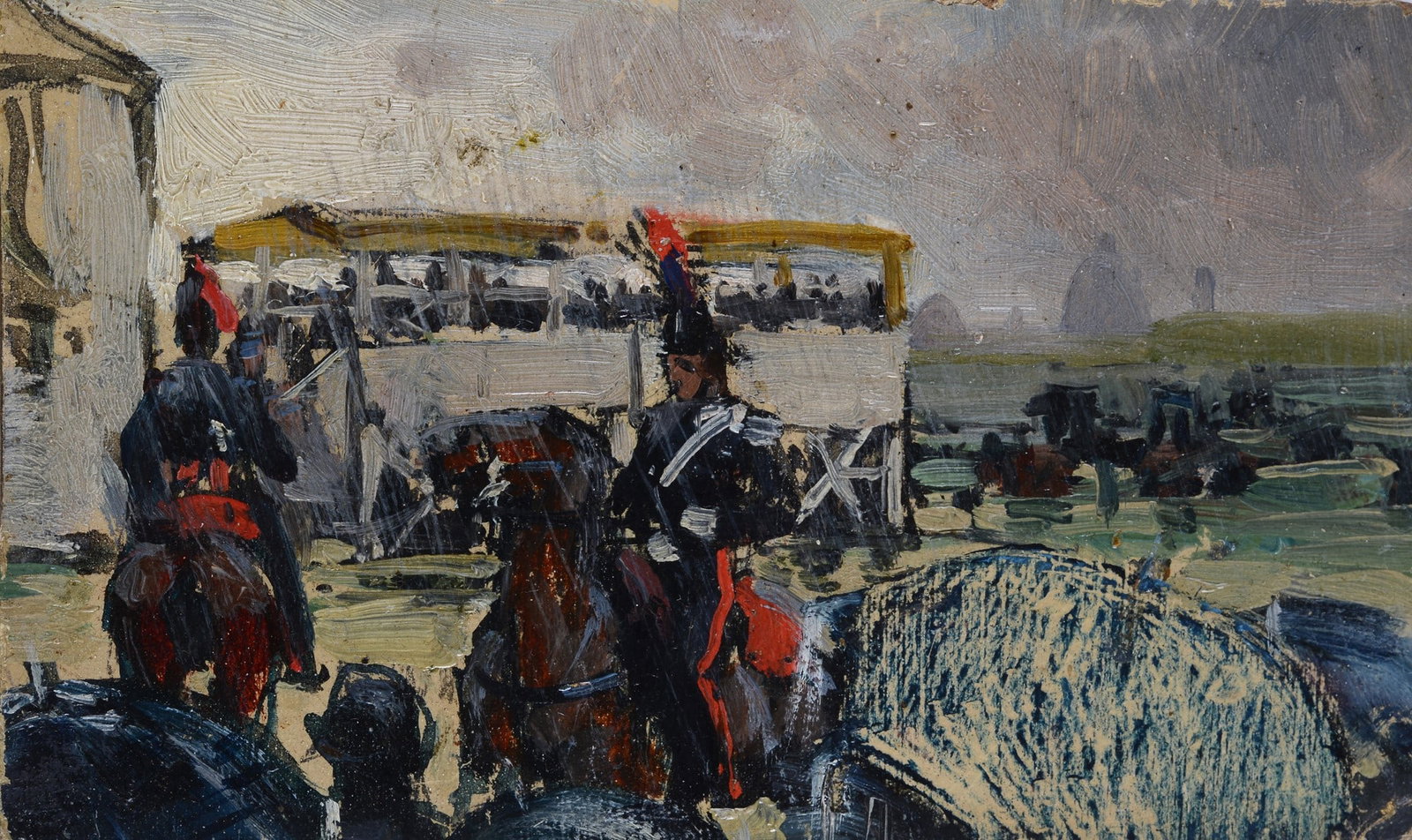 Anonimo, XX sec. - Carabinieri a cavallo (fronte) Viale alberato (retro): Olio su cartone, cm. 8,5x14.