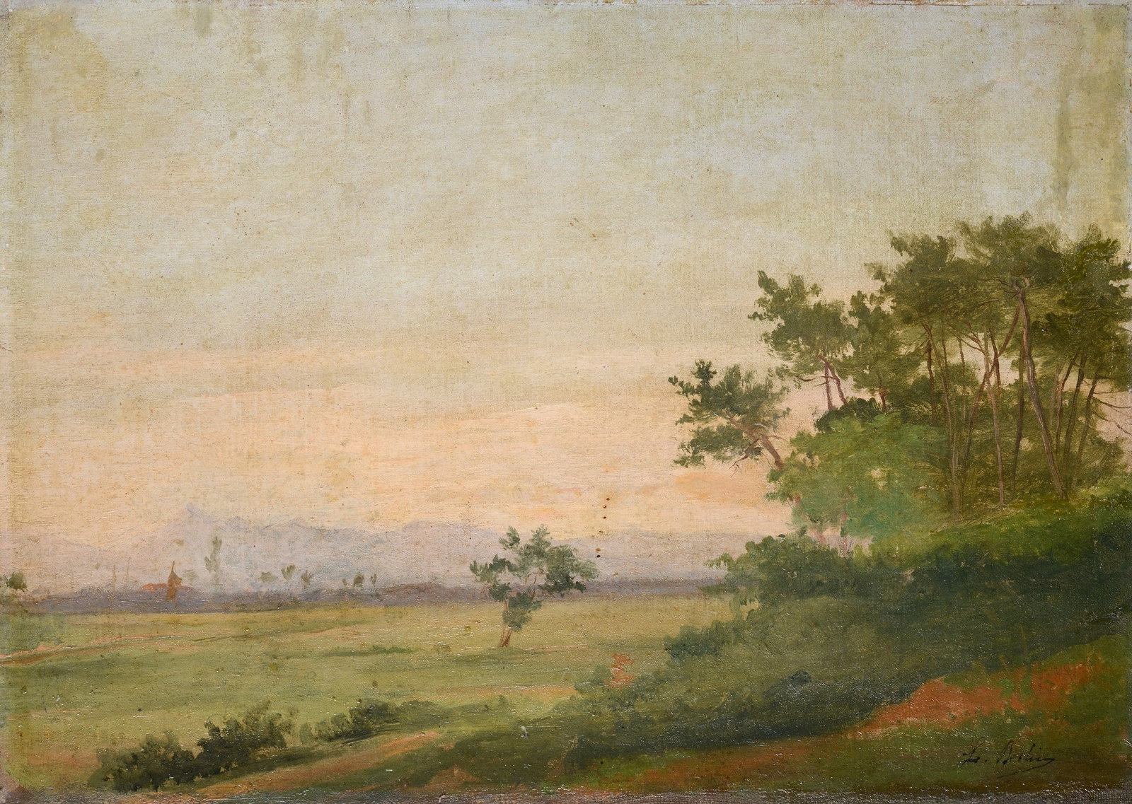 Luigi Bechi (Firenze, 1830 - 1919) - Paesaggio di campagna: Olio su tela riportata su tavola, cm. 27x39. Firma in basso a destra.