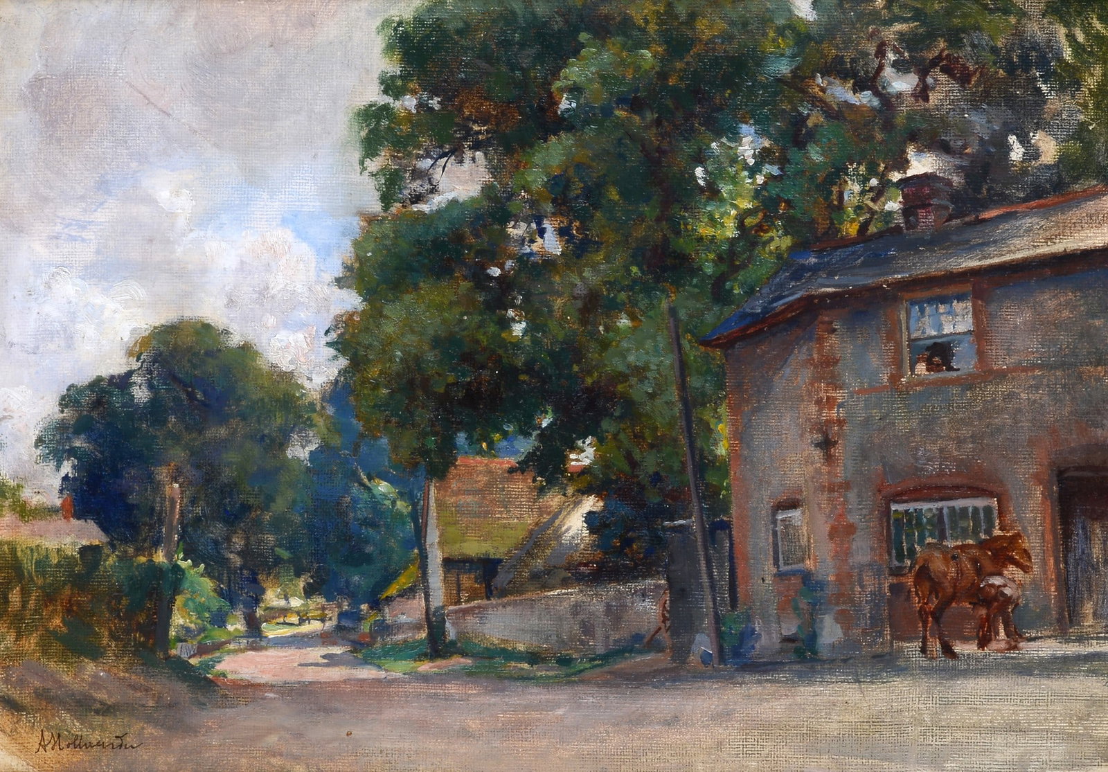 Alfonso Hollaender (Ratisbona, 1845 - Firenze, 1923) - Campagna inglese: Olio su cartone telato, cm. 25,5x35,5. Firma in basso a sinistra.
