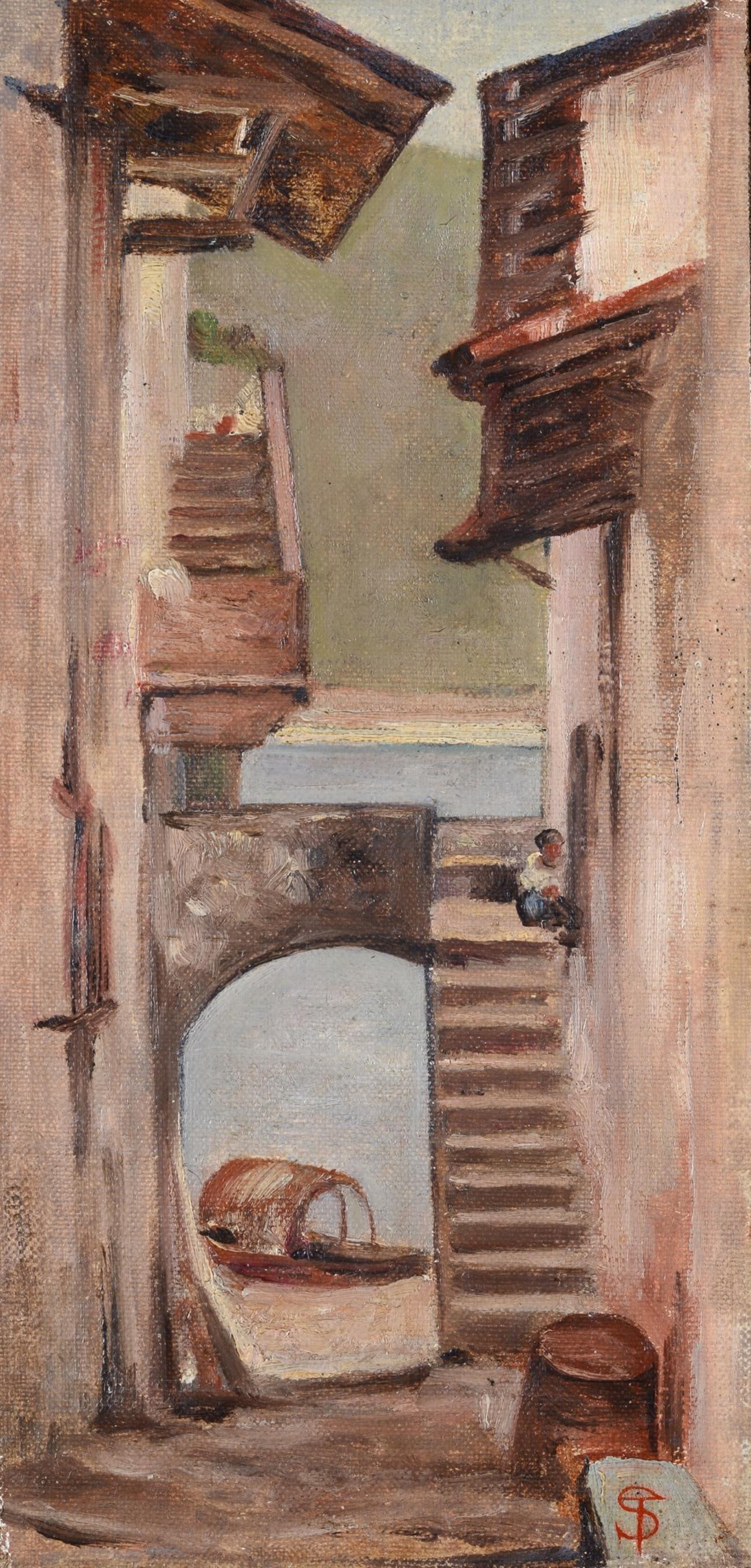 Attr. a Telemaco Signorini - Scalinata di Settignano: Olio su tela riportata su tavola, cm. . Sigla in basso a destra: T.S. Sul verso: a inchiostro, T. Signorini; timbro Giovanni Grifoni, Livorno.