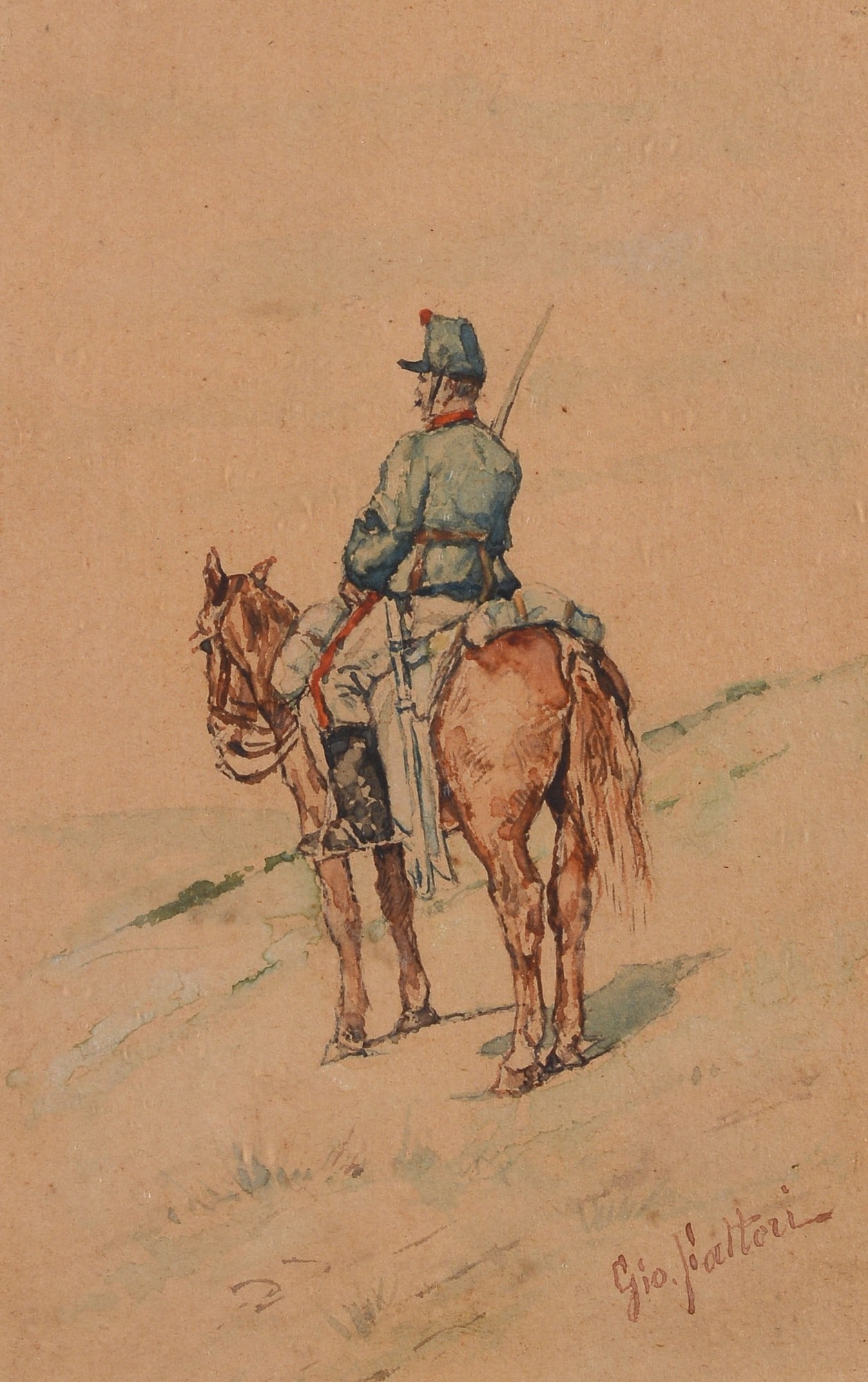 Giovanni Fattori (Livorno, 1825 - Firenze, 1908) - Soldato a cavallo: Acquerello su carta, cm. 15,5x10. Firma in basso a destra: Gi? Fattori. Sul verso: sul cartone di chiusura, timbro Giovanni Grifoni, Livorno. Parere verbale di autenticit? di Andrea Baboni.