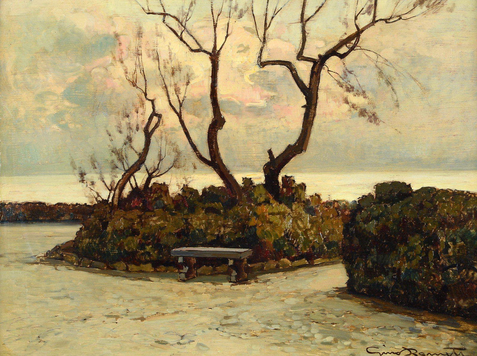 Gino Romiti (Livorno, 1881 - 1967) - Paesaggio: Olio su faesite, cm. 30x39,5. Firma in basso a destra. Sul verso: timbro Collezione Bacci Capaci.?