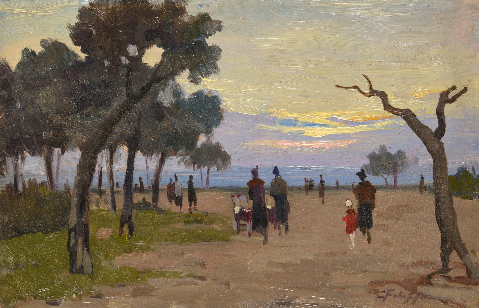 Cafiero Filippelli (Livorno, 1889 - 1973) - Paesaggio e figure: Olio su cartone, cm. 19x29,5. Firma in basso a destra.