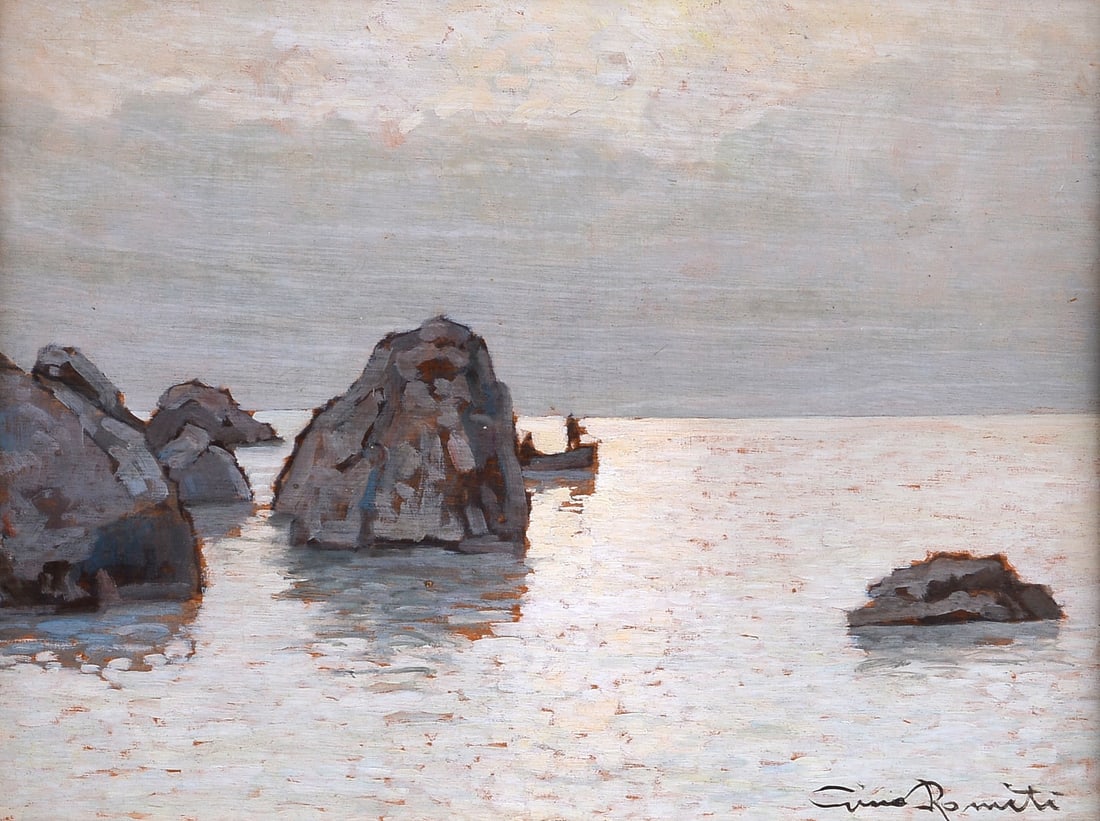 Gino Romiti (Livorno, 1881 - 1967) - Pescatori ad Antignano: Olio su tavola, cm. 18x21. Firma in basso a destra. Sul verso: etichetta Galleria d'Arte Goldoni, con dati dell'opera.?