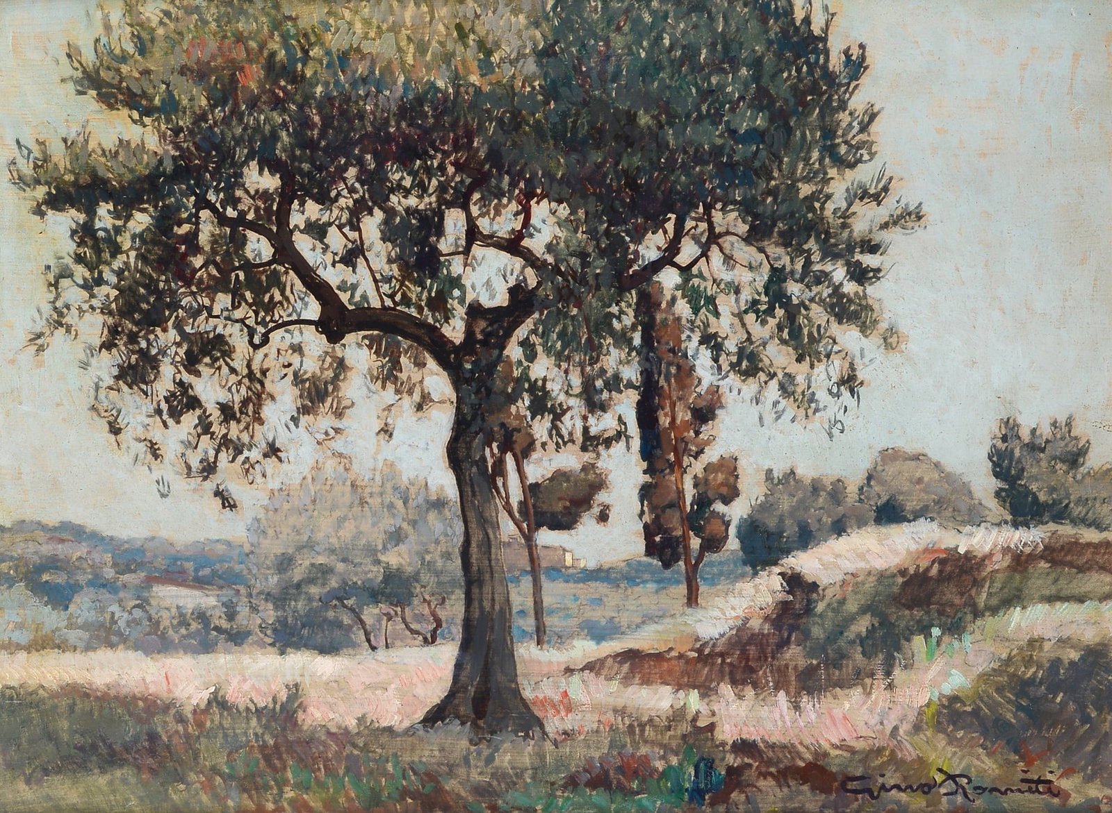Gino Romiti (Livorno, 1881 - 1967) - Presso Montenero: Olio su faesite , cm. 30x41. Firma in basso a destra. Sul verso: etichetta manoscritta "Presso Montenero".