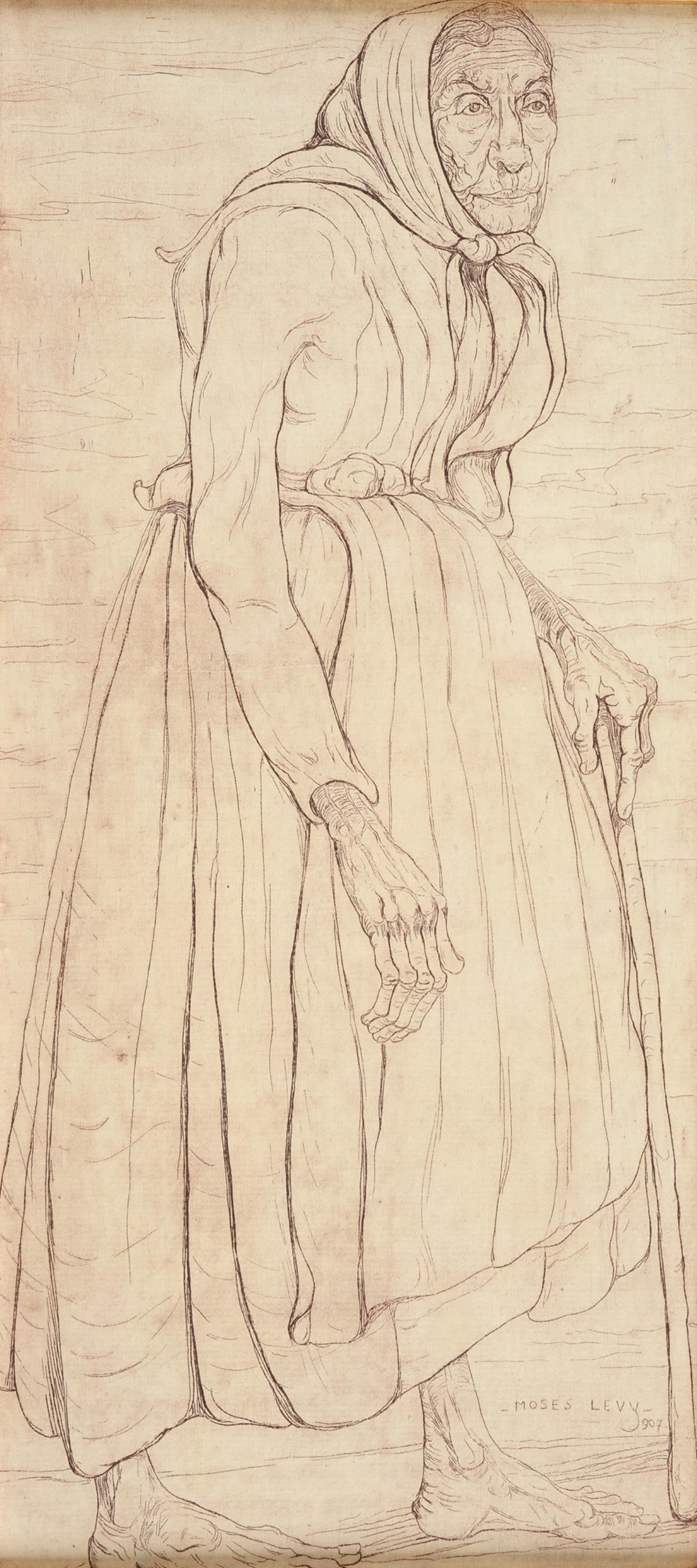 Moses Levy (Tunisi, 1885 - Viareggio, 1968) - La vecchia, 1907: Acquaforte, cm. 34x15. Firma e data in basso a destra.