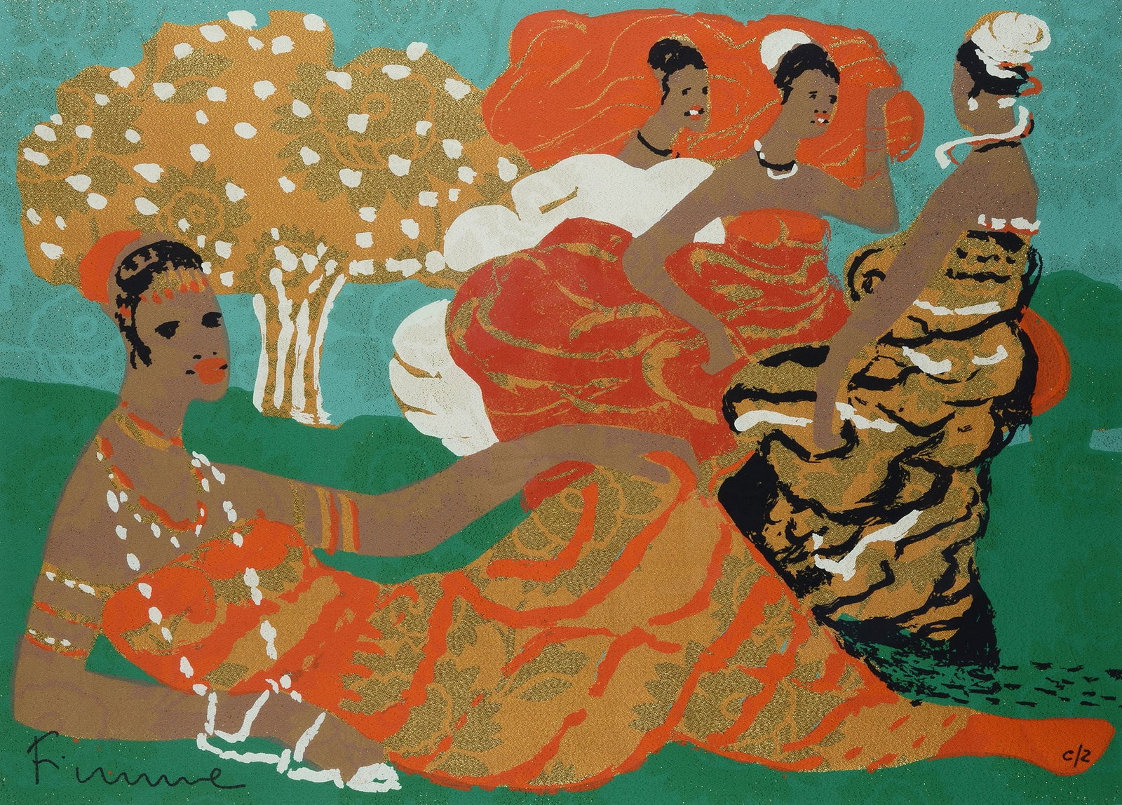Salvatore Fiume (Comiso , 1915 - Milano, 1997) - Senza titolo: Serigrafia su broccato, cm. 50x70; es. c/z. Firma in basso a sinistra; tiratura in basso a destra. Sul verso: sul cartone di chiusura, certificato di garanzia Art&C, Tolentino, con dati dell'opera.