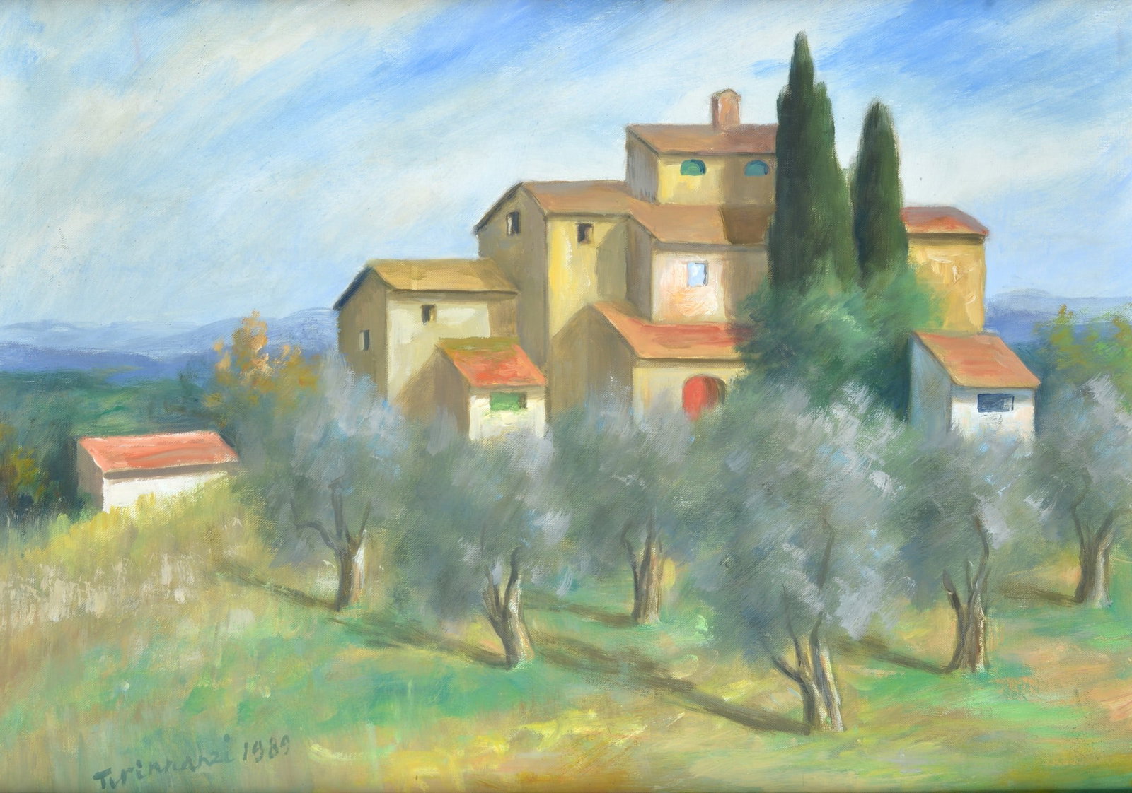 Nino Tirinnanzi (Greve in Chianti, 1923 - 2002) - Paesaggio con case e ulivi: Olio su cartone telato, cm. 51x70. Firma e data in basso a sinistra.