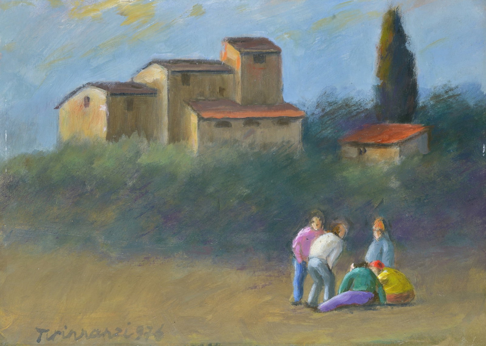 Nino Tirinnanzi (Greve in Chianti, 1923 - 2002) - Paesaggio con case e figure, 1976: Olio su cartone, cm. 25x35. Firma e data in basso a sinistra.?
