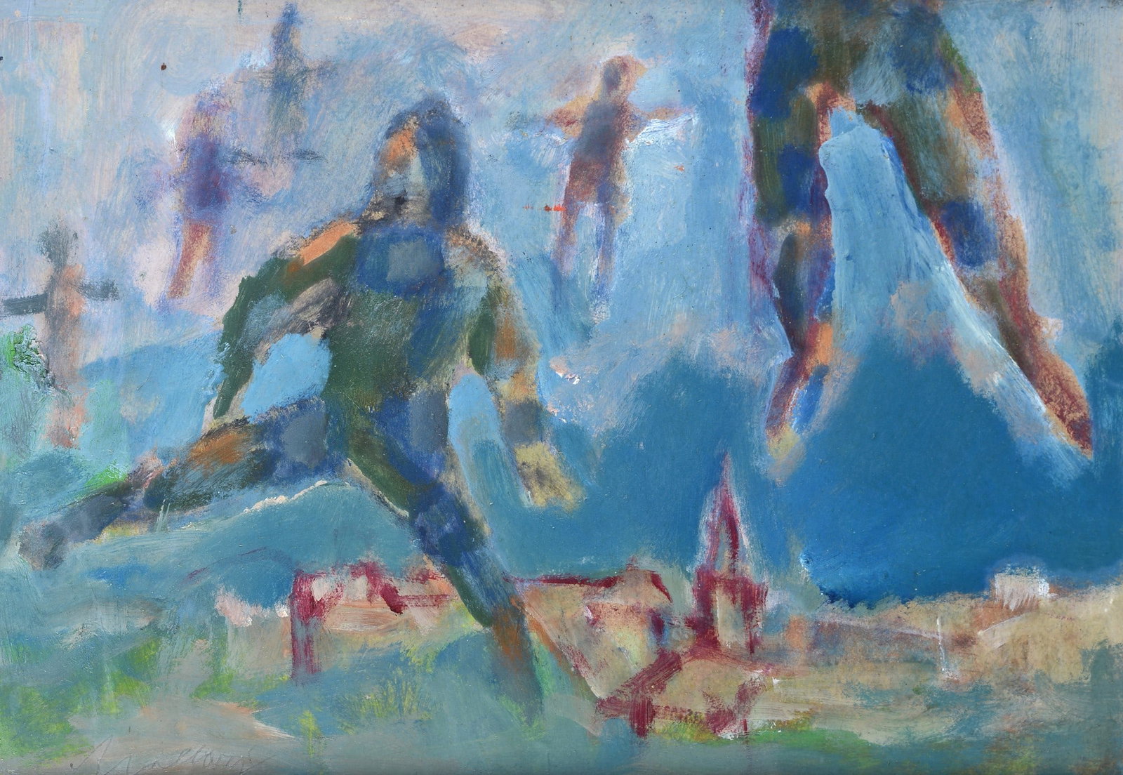 Mino Maccari (Siena, 1898 - Roma, 1989) - Felicit: Olio su faesite, cm. 25x35. Firma in basso a sinistra. Sul verso: etichetta ArteFiera 93; etichetta Ghelfi Galleria d'Arte Verona e Montecatini, con dati dell'opera.
