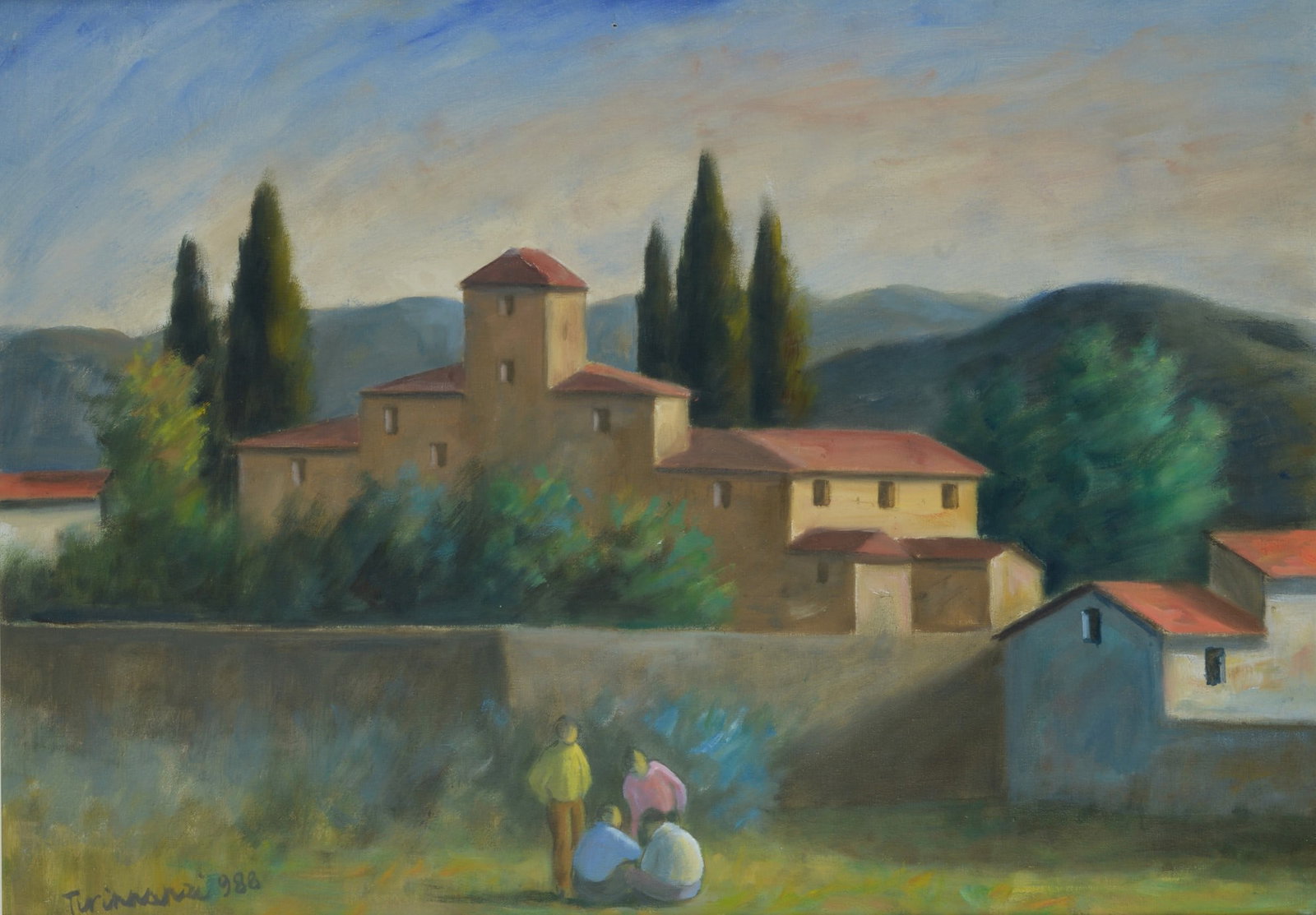 Nino Tirinnanzi (Greve in Chianti, 1923 - 2002) - Paesaggio con case e figure, 1988 (1 of 3)