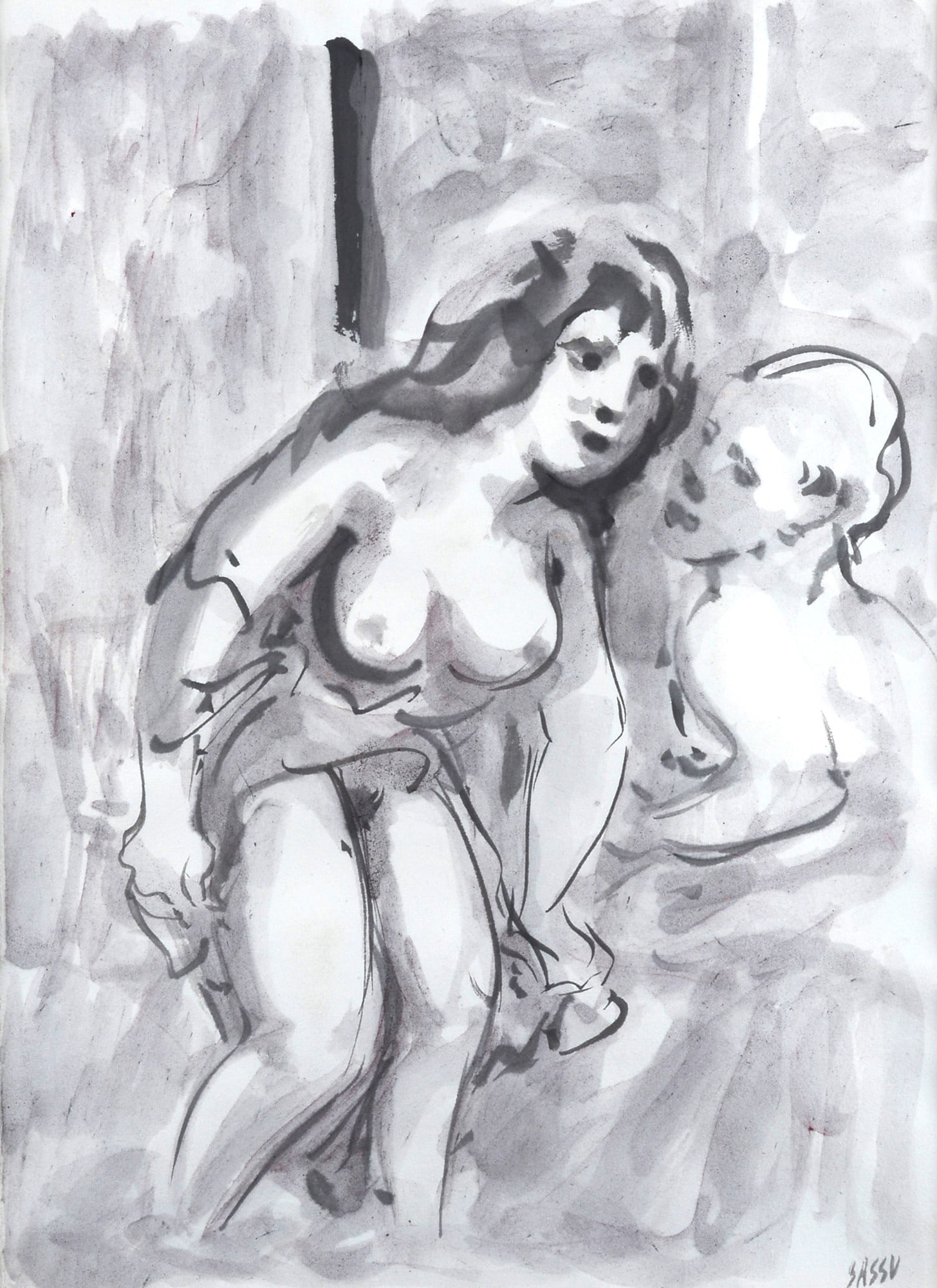Aligi Sassu (Milano, 1912 - 2000) - Figure, 1987: Inchiostro e inchiostro acquerellato su carta, cm 45x32. Firma in basso a destra. Sul verso: firma e data.