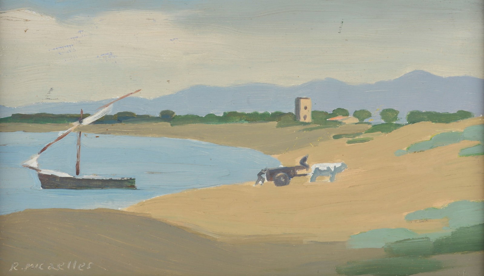 RAM (Ruggero Alfredo Michahelles) (Firenze, 1898 - 1976) - Paesaggio lacustre con carro e buoi: Olio su tavola, cm. 19,5x33. Firma in basso a sinistra.?