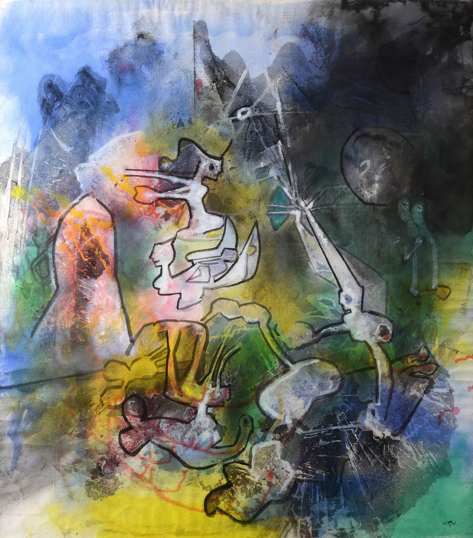 Sebastian Matta (Santiago del Cile, 1911 - Civitavecchia, 2002) - Arache disegna Europa, 1985: Olio su tela, cm. 98x94. Firma in basso a destra. L'opera ? registrata nel Catalogo Ragionato dell' Autore con n. 85/87. Certificato di autenticit? dell'Archivio dell'Opera di Matta. Provenienza: Coll