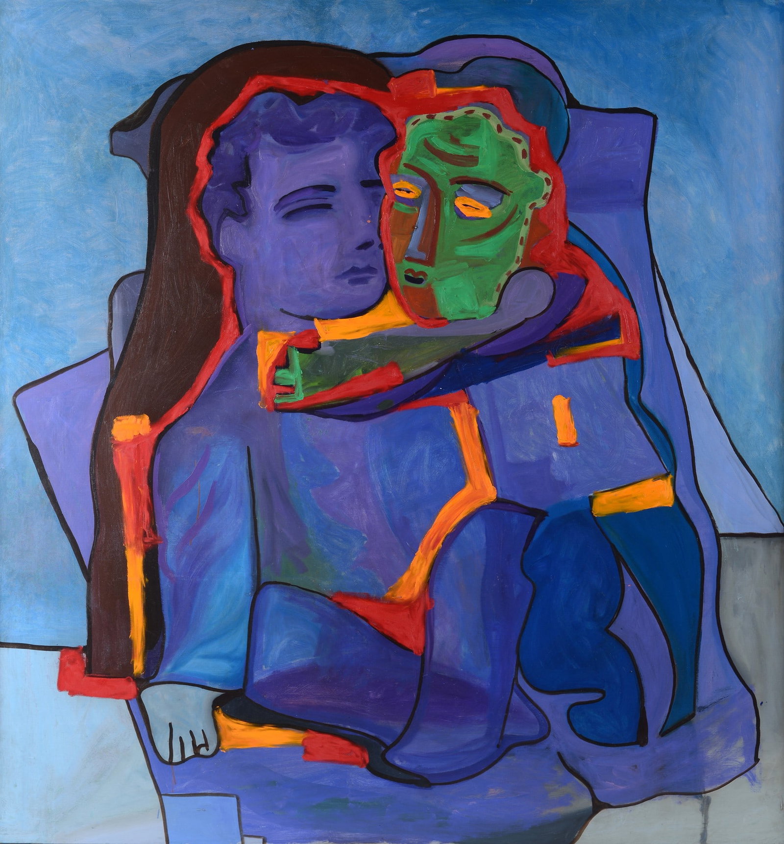 Sandro Chia (Firenze, 1946) - Super abbraccio in rosso, 1991: Olio su tela, cm. 160x150. Sul verso: firma, data e titolo; etichetta Piramide Arte Contemporanea di G. Becherini, Firenze; etichetta Alberto Valerio Galleria d'Arte Contemporanea, Brescia.