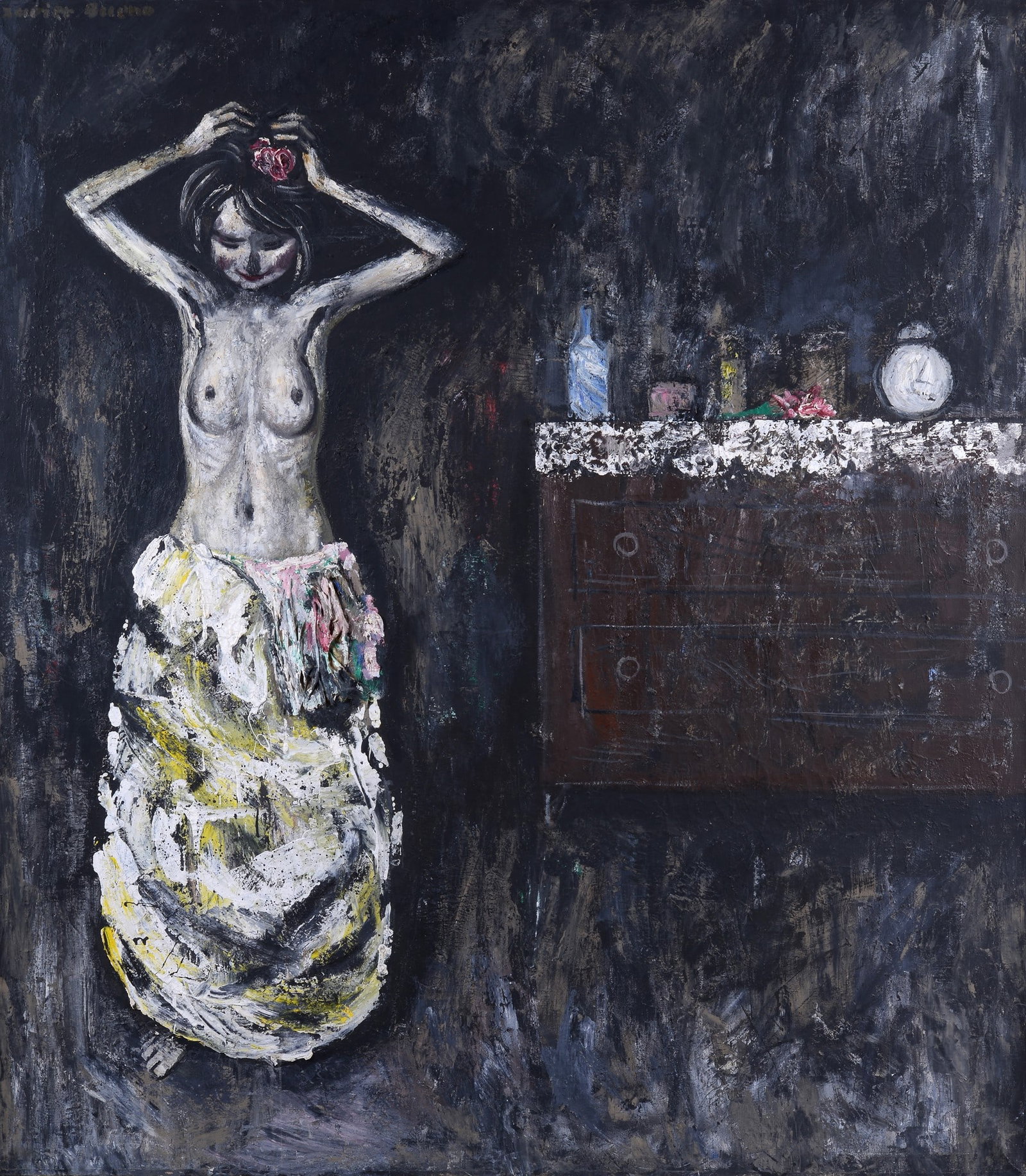 Xavier Bueno (Vera de Bidasoa, 1915 - Fiesole, 1979) - Ragazza, 1961: Olio e tecnica mista su tela, cm. 170x150. Firma in alto a sinistra. Sul verso: timbro Galleria d'Arte n. 546. Provenienza: Studio dell'autore Collezione eredi, Fiesole. Bibliografia: 1976; Xavier Bue