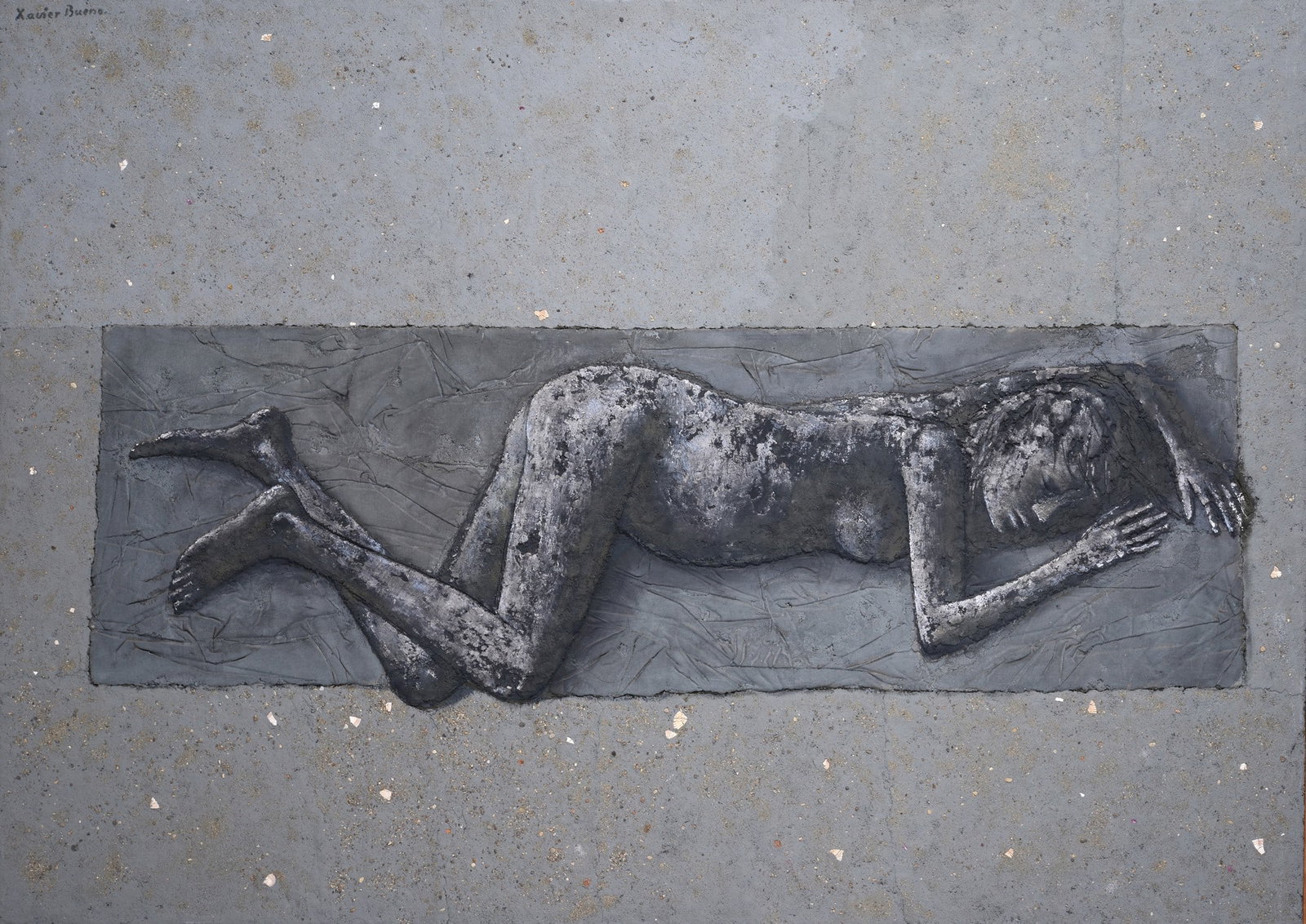 Xavier Bueno (Vera de Bidasoa, 1915 - Fiesole, 1979) - Nudo, 1964-1968: Olio e tecnica mista su tela applicata su tavola, cm. 100x140. Firma in alto a sinistra. Sul verso: firma e dedica; etichetta Galleria Alla Chiave, Venezia. Provenienza: Collezione Eredi Xavier Bueno,