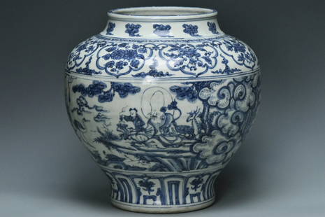 A MING DYNASTY BLUE AND WHITE EIGHT IMMORTALS JAR: A Ming Dynasty Blue and White Eight Immortals Jar. Dimensions: 13 3/4 x 13 1/2 in. Provenance: From the collection of Charles George(1898-1983). Manager of Sir Victor Sassoon's Empire in China, Mr