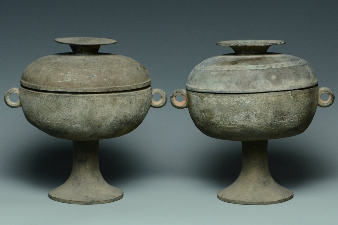 PAIR OF HAN DYNASTY BRONZE RITUAL VESSEL & COVER: A Pair of Han Dynasty Bronze Ritual Vessel and Cover. Dimensions: 8 1/2 x 6 3/4 in.