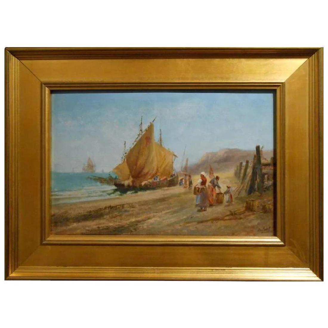 DeCorti: Italian Fishing Boats Marine Oil c.1920: Masterfully painted by Italian artist DeCorti circa 1920, this marine/genre oil painting is rich with details. Women on the shore carry baskets while men on the fishing boats tend sails and nets. The