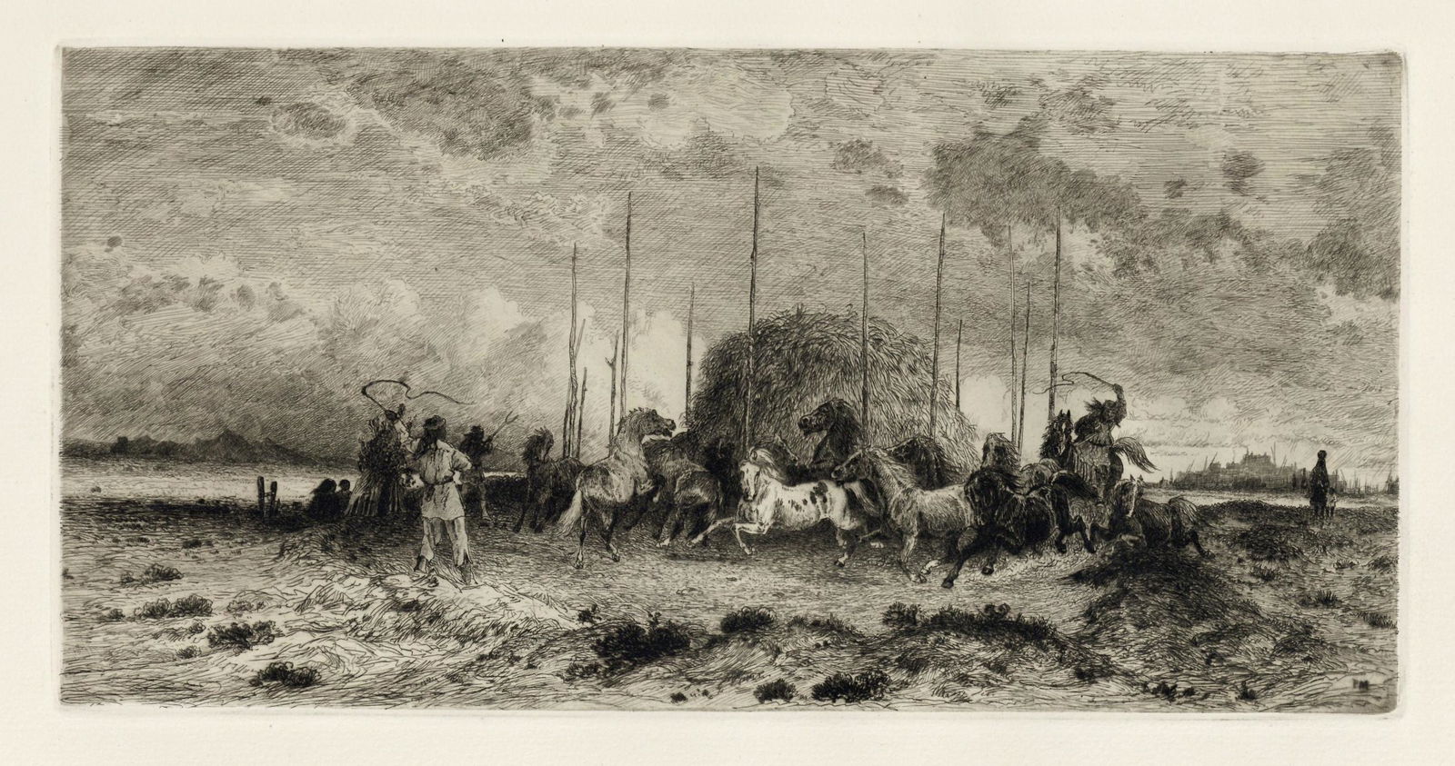 Peter Moran "Harvest in San Juan, New Mexico" original: Medium: original etching. Catalogue reference: Keppel 74. Executed in 1883; this is a rich, dark impression on heavy cream wove paper, from the "Original Etchings by American Artists" portfolio, publi