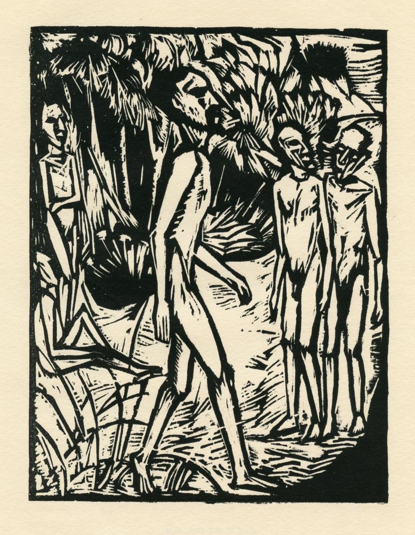 Erich Heckel "Manner am Strand" original woodcut: Medium: original woodcut. Catalogue reference: Dube 319 II b. Printed in Germany in 1919 for Das Kestnerbuch, one of the most important collections of original prints published during the height of th